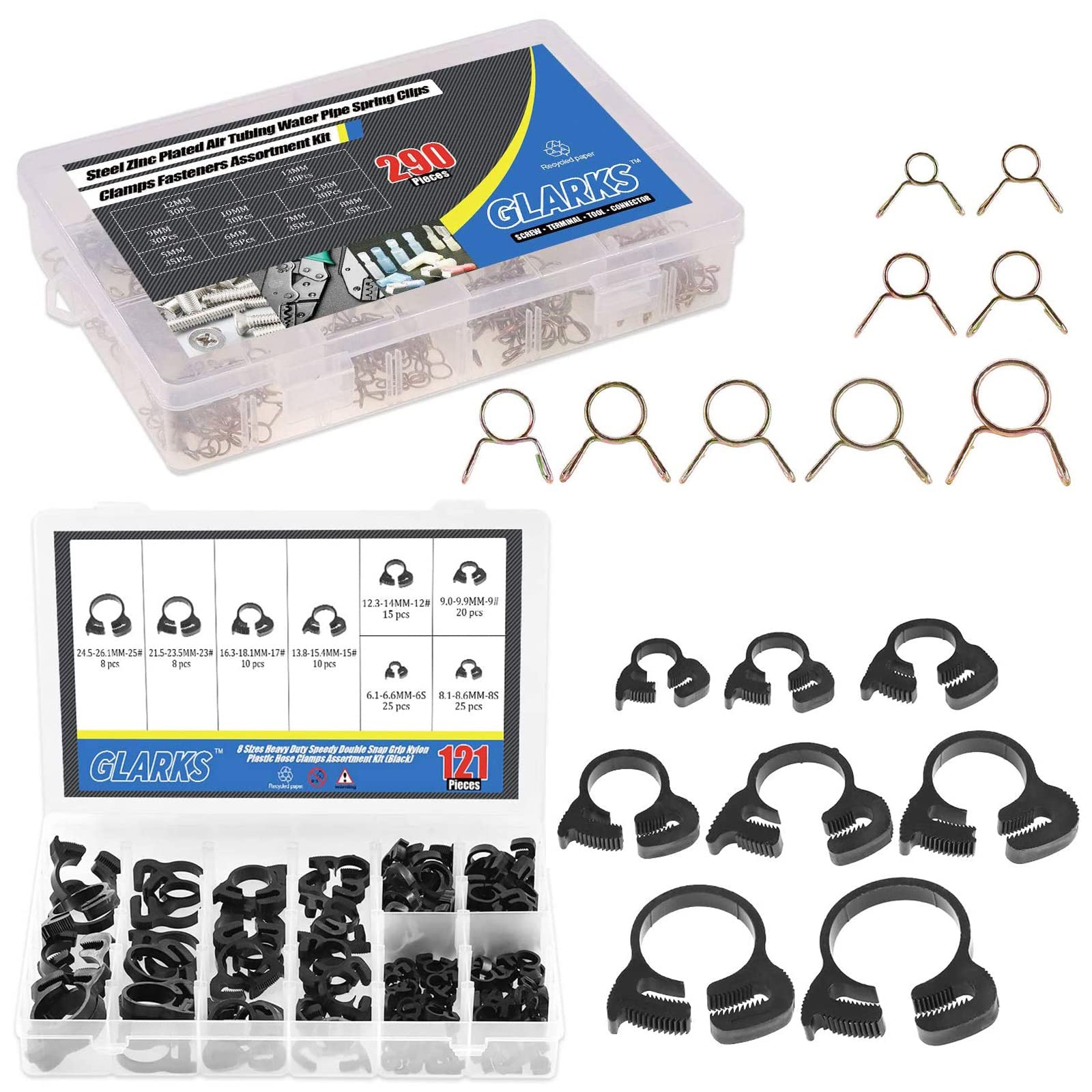 Glarks 290Pcs Fuel Line Hose Clamps Kit & 121Pcs Heavy Duty Nylon Hose Clamps Set - 8 Sizes for Automotive, Marine, Plumbing, and Home Repair Applications
