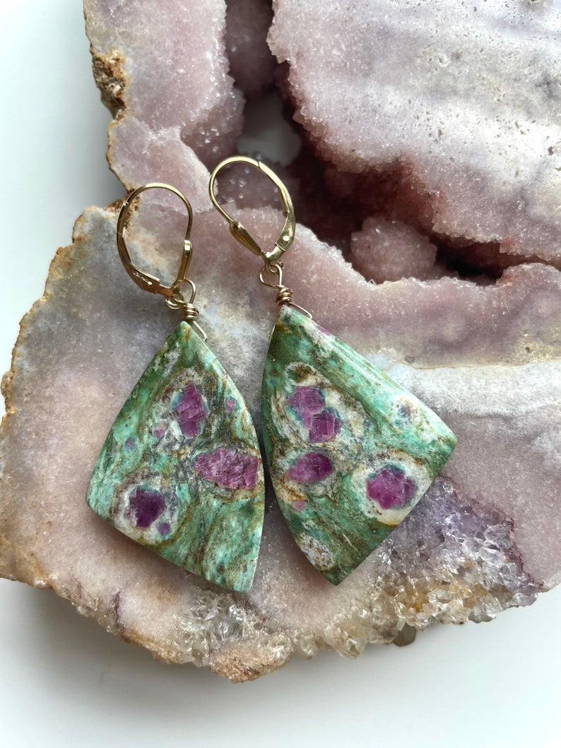 Large Statement Ruby in Fuchsite Earrings | Raw Crystal Stone Dangle Earrings | July Birthstone Jewelry | Unique Gift for Women | Perfect for Weddings, Parties & Special Occasions