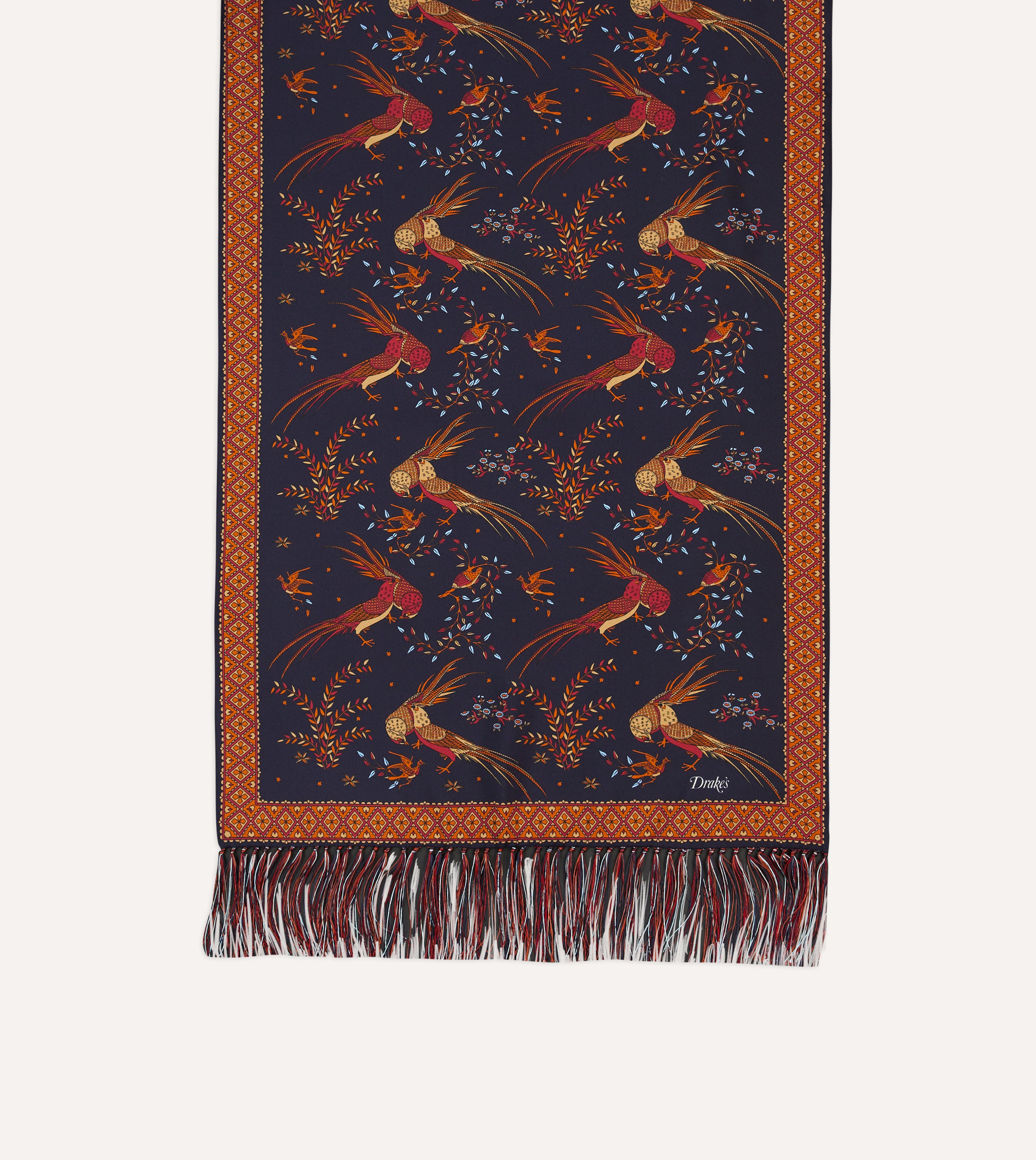 Navy Blue Birds of Paradise Print Silk Scarf with Tassels - Elegant Fashion Accessory for Women, Perfect for Parties, Weddings & Special Occasions