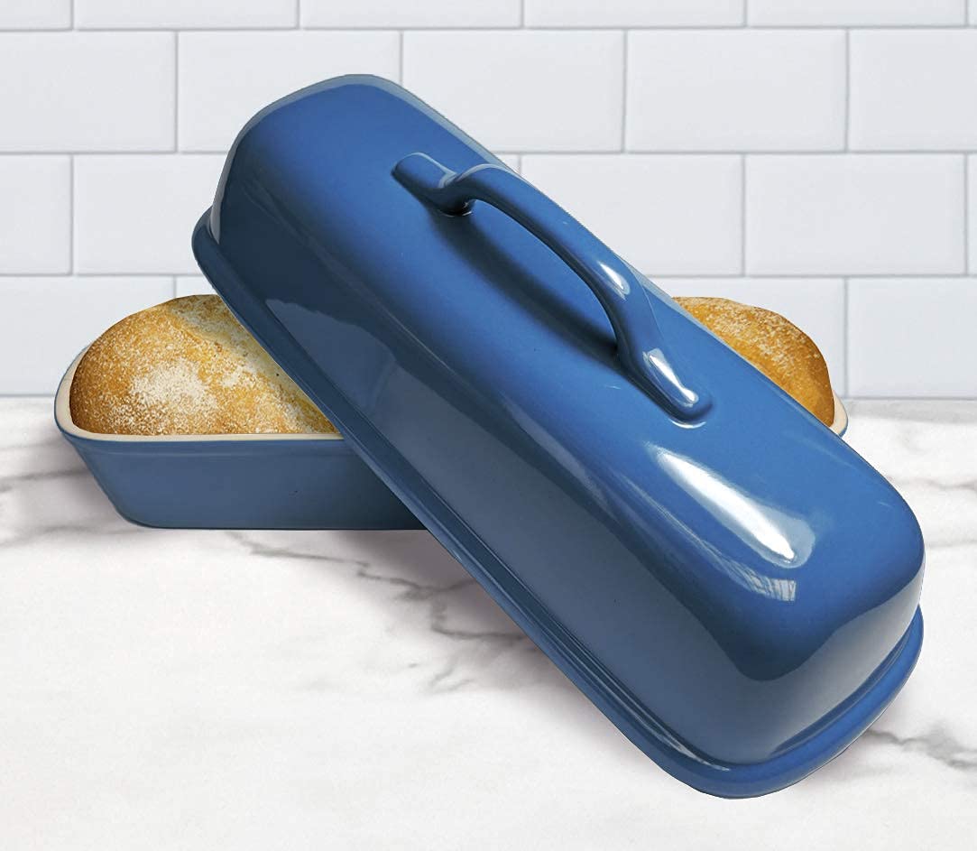 Sassafras Superstone® Covered Baker - Blue Glazed Exterior & Unglazed Interior for Perfect Artisan Italian Bread with Crusty Crust & Light Crumb | Ideal for Homemade Bread Baking, Rustic Loaves & Dutch Oven Style Cooking