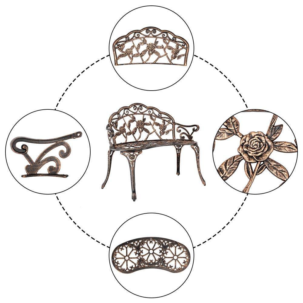 Outdoor Loveseat Bench - Rust-Resistant Aluminum Metal Garden Seating for Patio, Porch, Park, Deck & Lawn with Floral Rose Design (Bronze) - Perfect for Relaxing in Your Backyard or Outdoor Entertaining