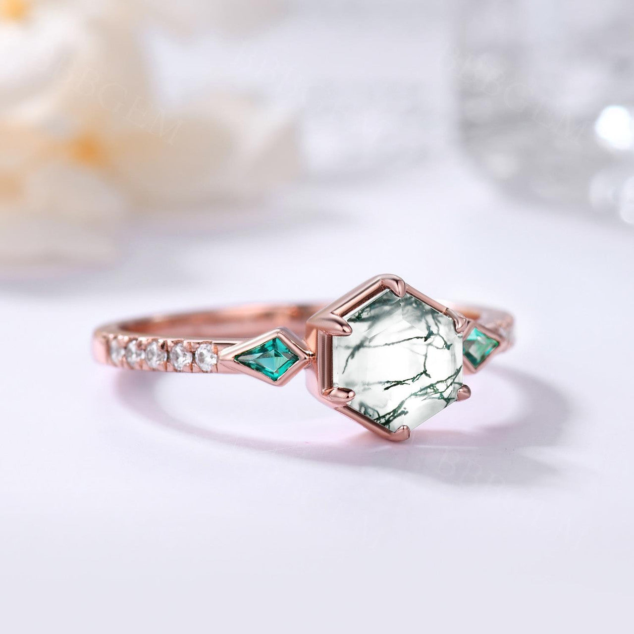 Geometric Rose Gold Green Moss Agate Ring - Hexagon Cut Moss Agate Engagement Ring for Women | Perfect for Weddings, Anniversaries & Special Occasions