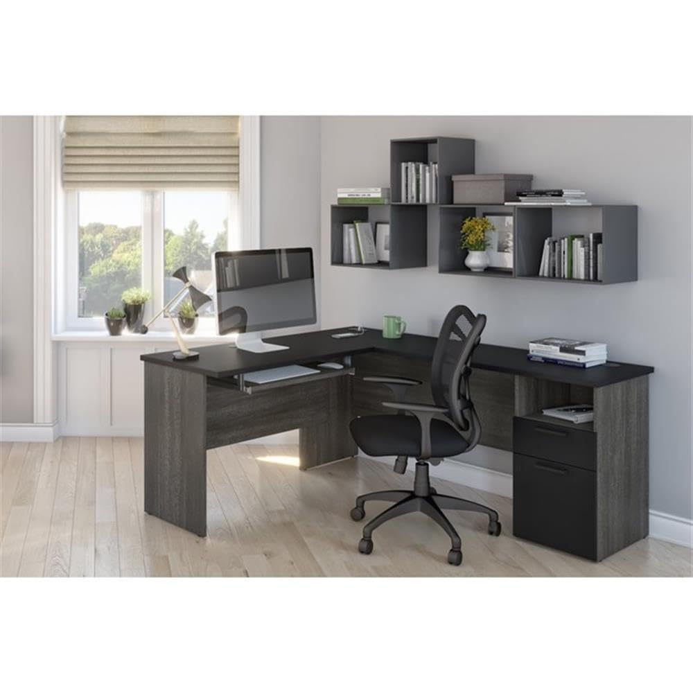 Pemberly Row Traditional L-Shaped Computer Desk in Black & Bark Gray - Home Office, Gaming, Study & Workspace Solution