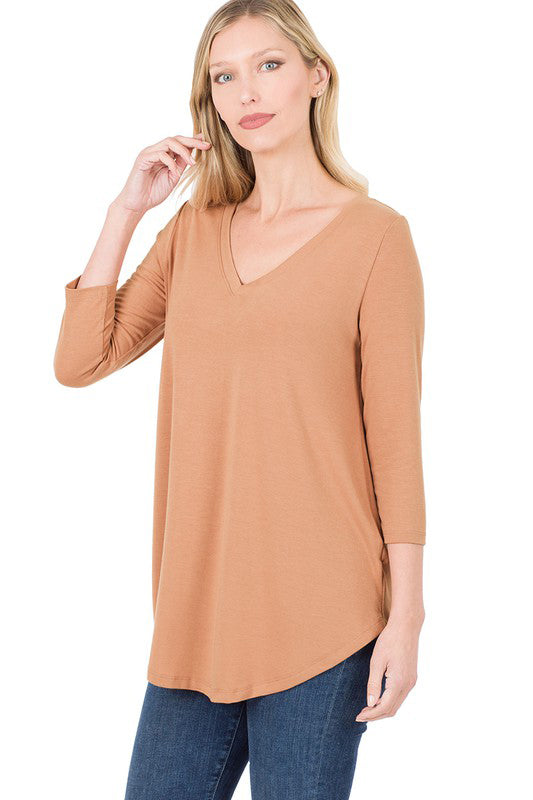 3/4 Sleeve V Neck Scoop Front & Back Women's T-Shirt - Perfect for Casual Wear, Layering & Everyday Outfits