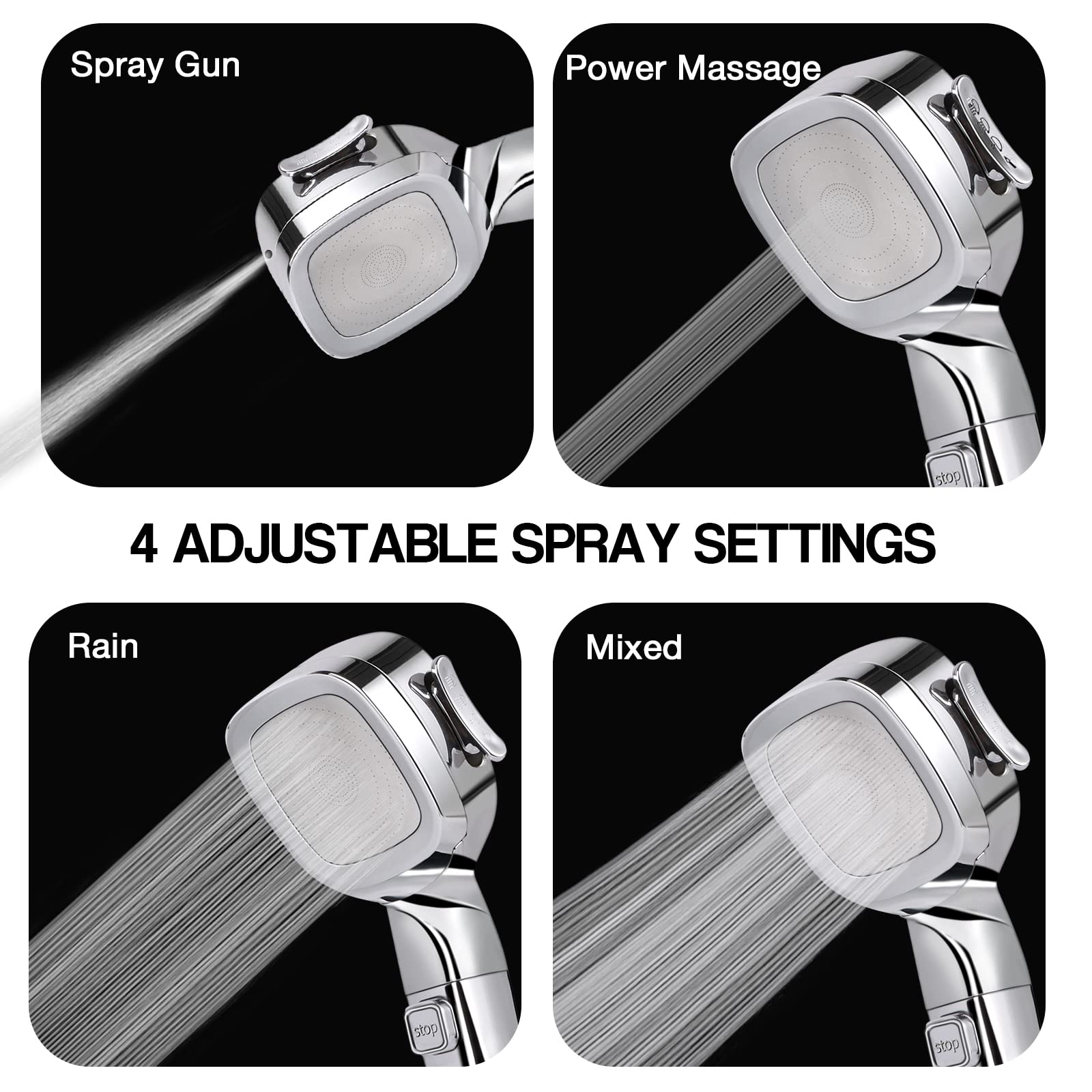 **High Pressure Shower Head with Filter - 4 Spray Modes & Pause Switch - Chrome Finish - Ideal for Low Water Pressure & Spa-Like Bathroom Experience**
