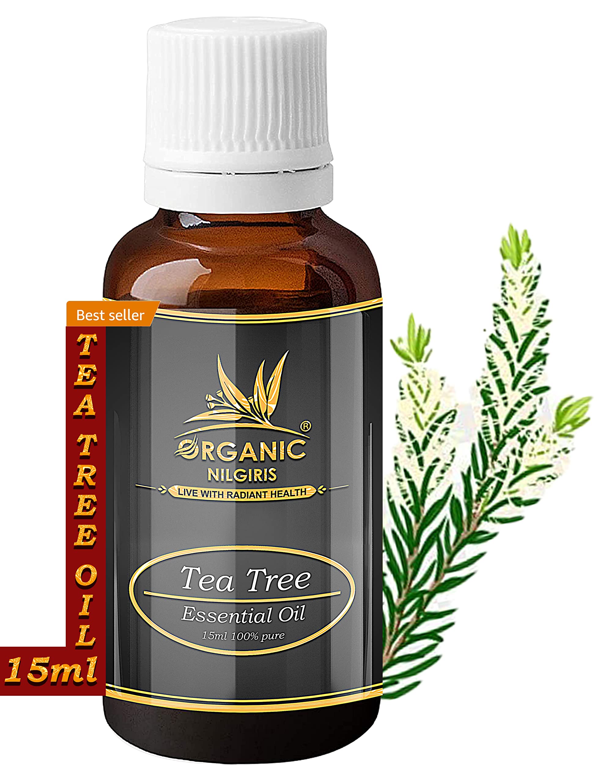Organic Nilgiris Tea Tree Essential Oil - 100% Pure Natural for Aromatherapy, Hair & Scalp Care, Skin Nourishment | 15ml | Diffuser, Massage & DIY Beauty Uses