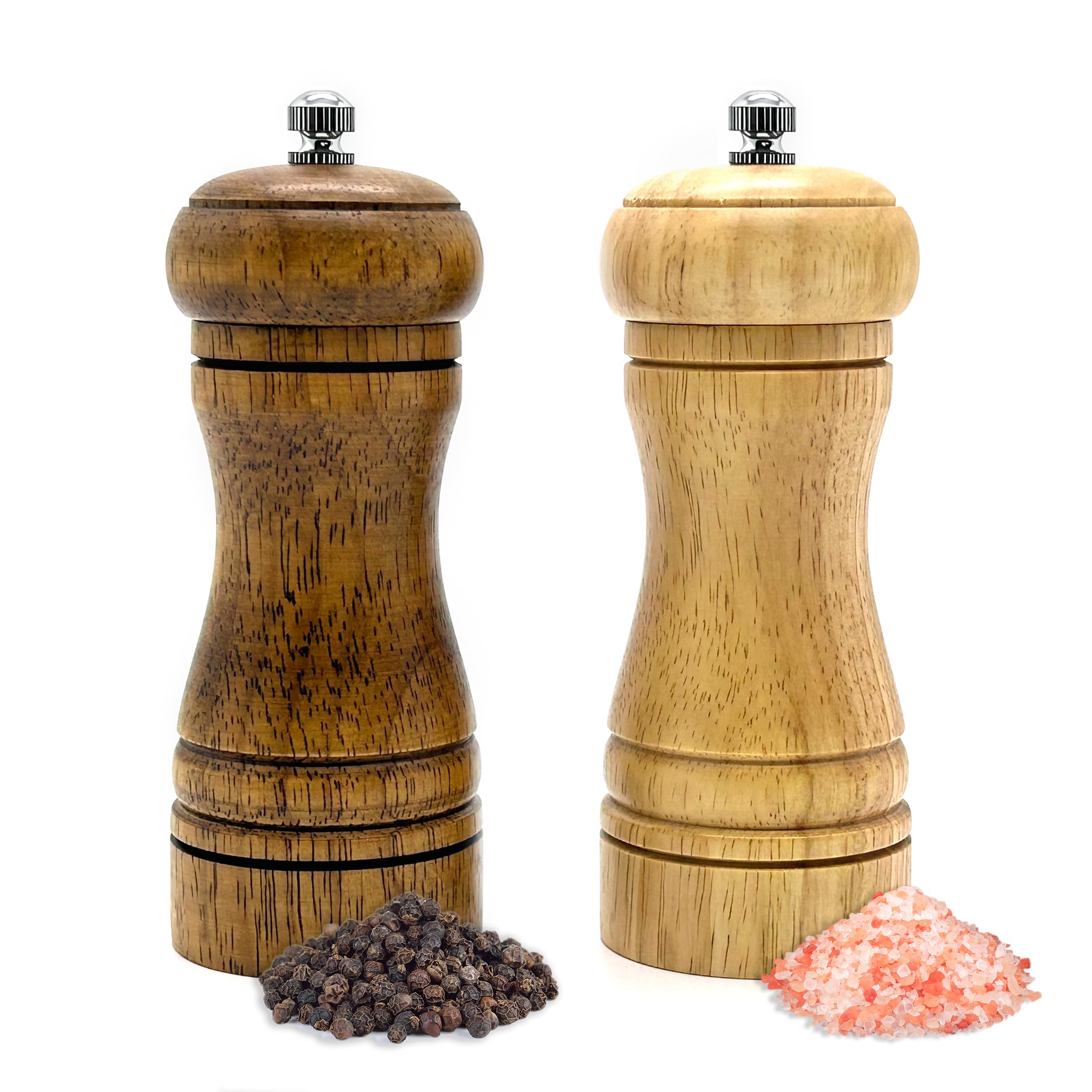 Premium Wooden Salt and Pepper Grinder Set - 2 Pack Adjustable Manual Spice Mill with Ceramic Stainless Steel Core - 5 Inch Refillable Shakers for Kitchen, Dining Table & Outdoor Cooking - Perfect for Home Chefs & Gourmet Cooking