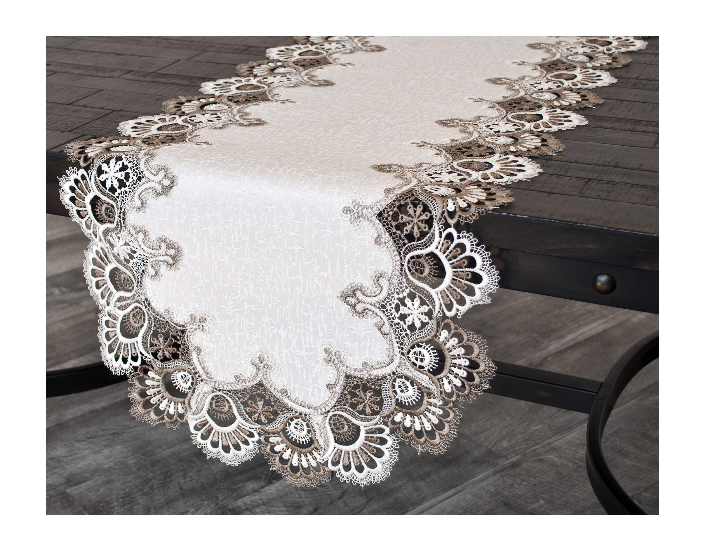 Elegant Cocoa Earth Tones Jacquard Peacock Tail Lace Table Runner & Dresser Scarf - 16x44 Inches - Perfect for Dining Tables, Buffets, and Dresser Tops