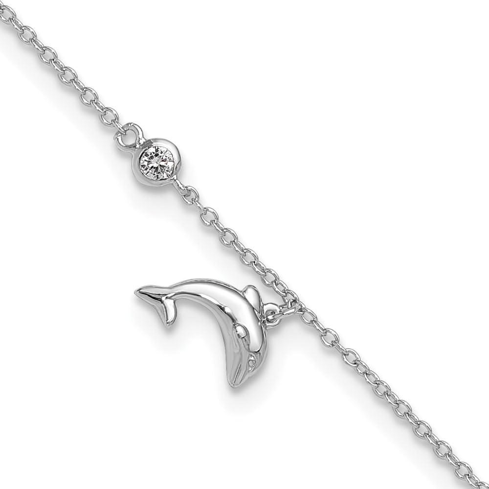 925 Sterling Silver Cubic Zirconia Dolphin Anklet Chain - Elegant Fine Jewelry for Women, Perfect Gift for Her - Adjustable 9