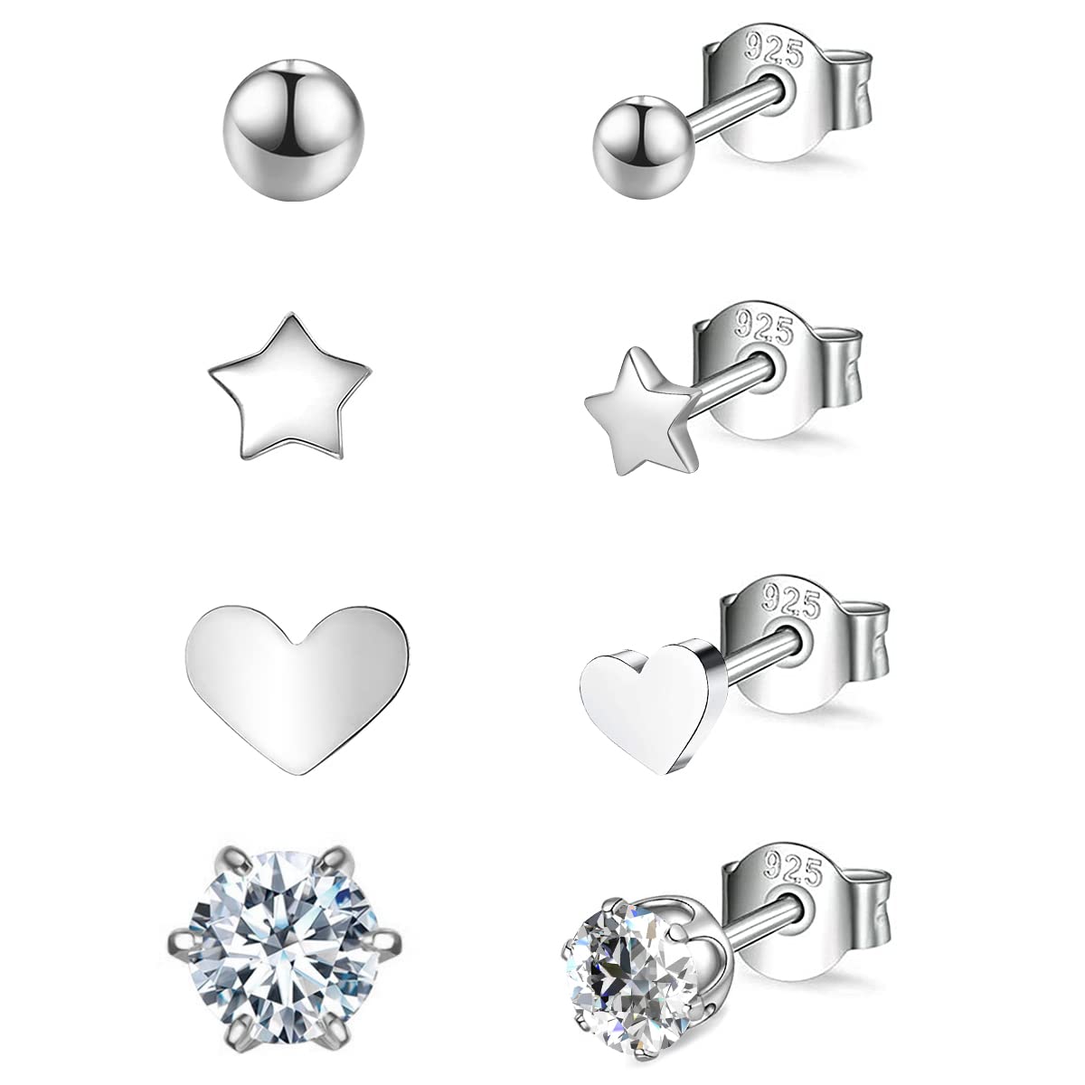 Aoen 925 Sterling Silver Stud Earrings Set - Hypoallergenic Tiny Cubic Zirconia Earrings for Women & Girls | Perfect for Everyday Wear, Gift Giving & Special Occasions