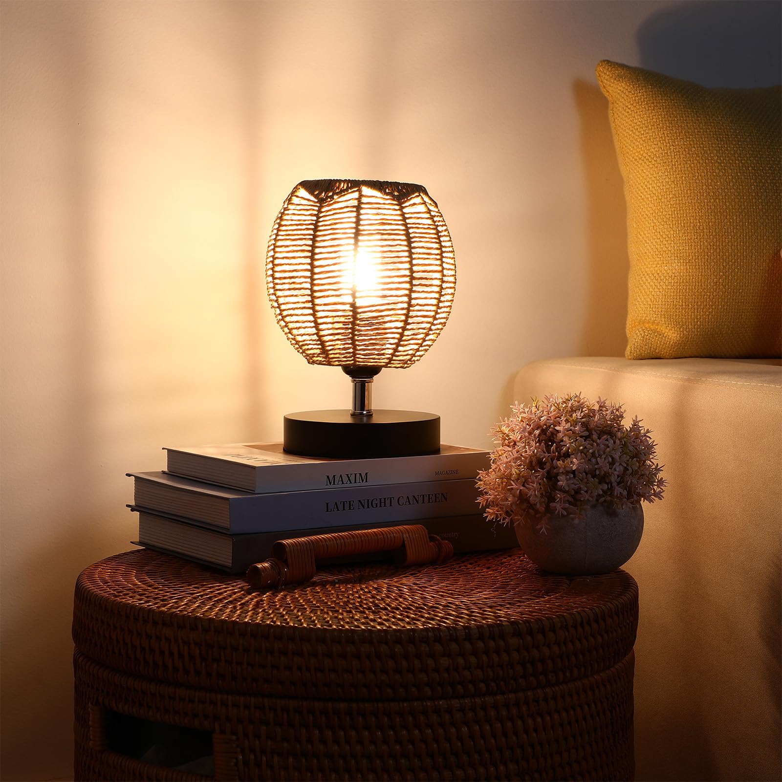 DOITOOL Small Wicker Rattan Lamp Shade - Boho Woven Pendant Light Cover, Retro Replacement Lampshade for Floor Lamps, Chandeliers, Desk Lamps, Wall Sconces (Khaki Dark/Light) - Perfect for Living Room, Bedroom, and Patio Decor