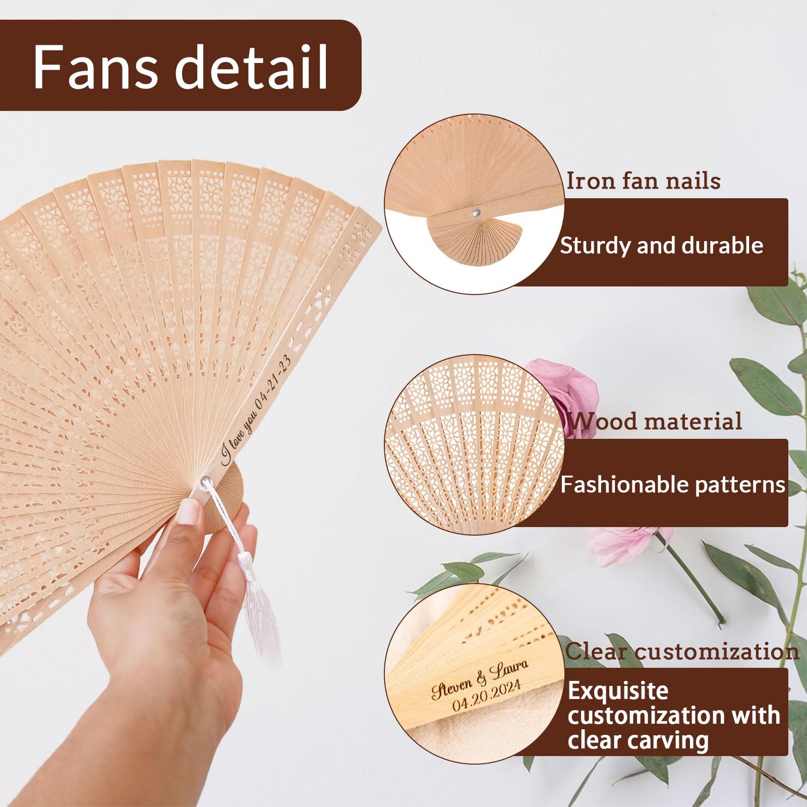 100Pcs Personalized Wooden Folding Hand Fans - Custom Engraved Summer Wedding Favors, Bridal Shower Gifts for Guests - Perfect for Outdoor Weddings, Beach Parties & Special Events (100PCS)
