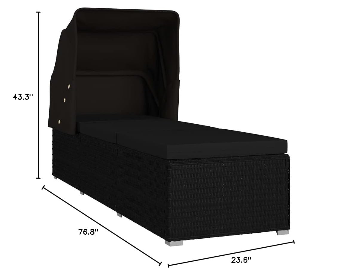 Outdoor Sunbed Patio Furniture - Black Poly Rattan Sun Lounger with Canopy & Cushion | Fast Shipping | Perfect for Poolside, Garden & Backyard Relaxation