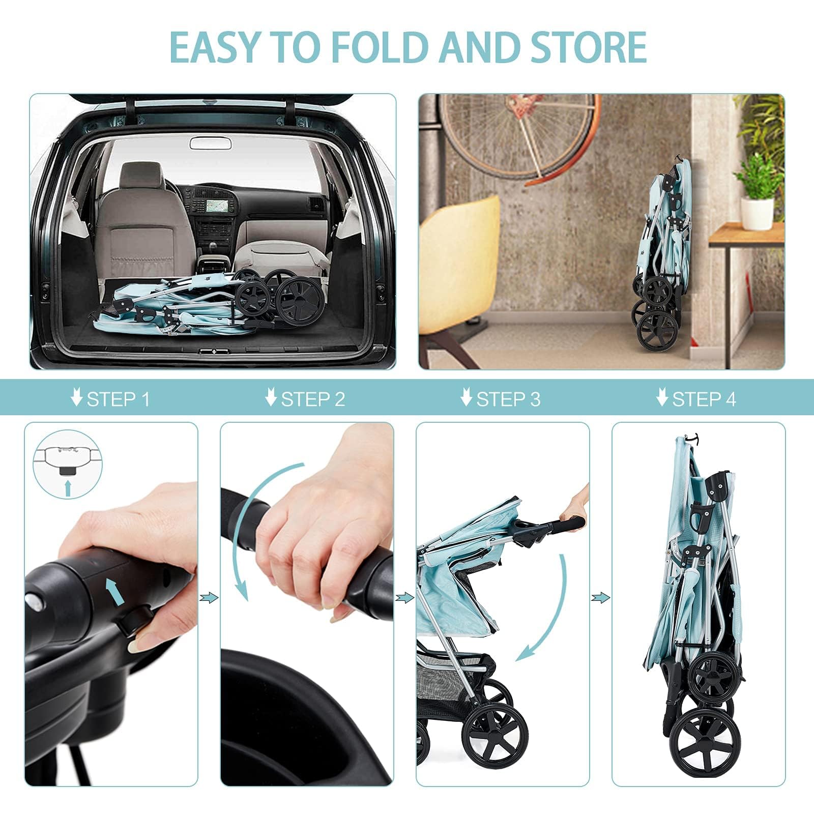 Premium Folding Pet Stroller for Small & Medium Dogs & Cats - 4-Wheel Light Blue Jogger with Cup Holder & Storage Basket | Perfect for Outdoor Walks, Shopping & Vet Visits