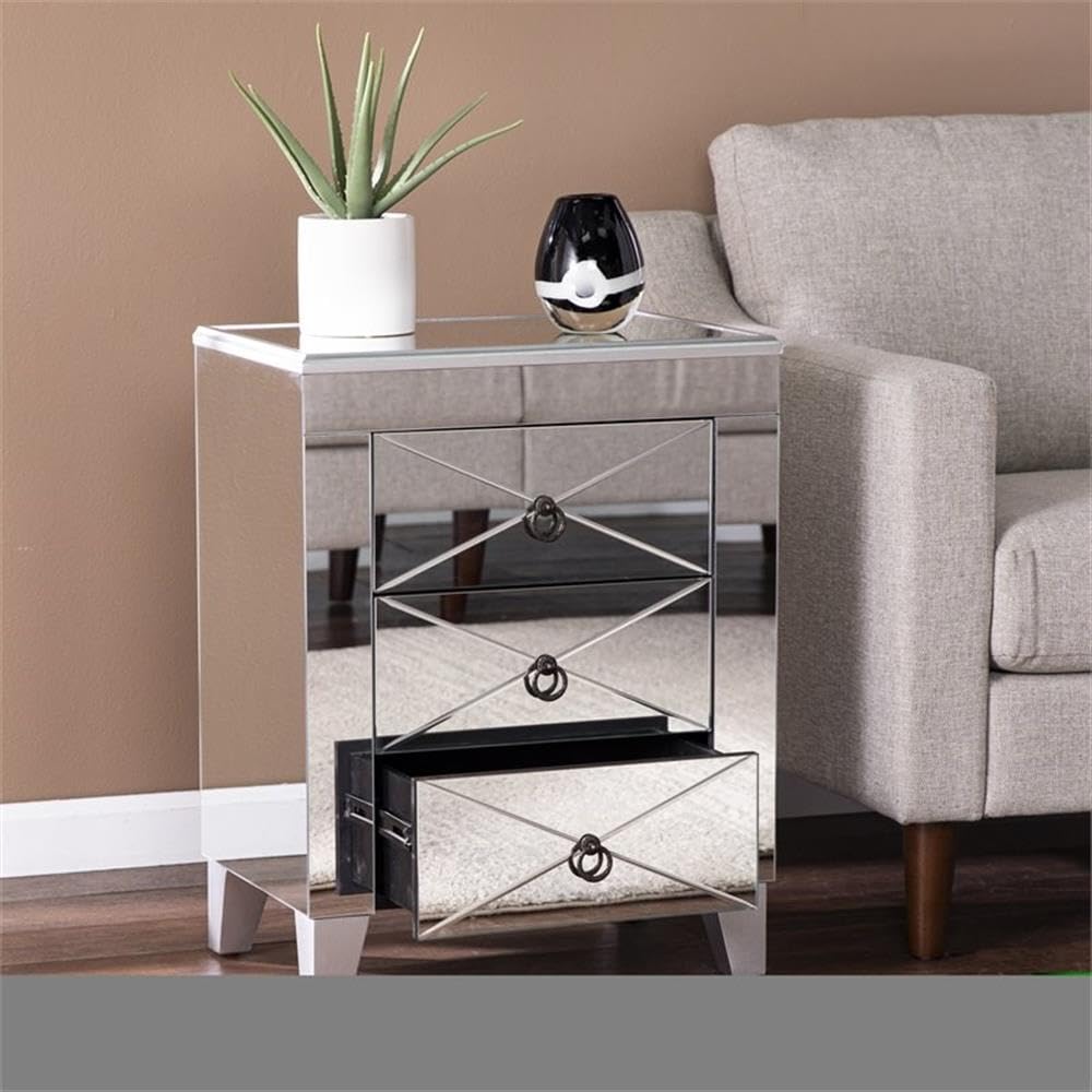 SEI Furniture Cresheim Wood and Mirror End Table with Drawers in Silver - Perfect for Living Room, Bedroom, or Entryway Decor