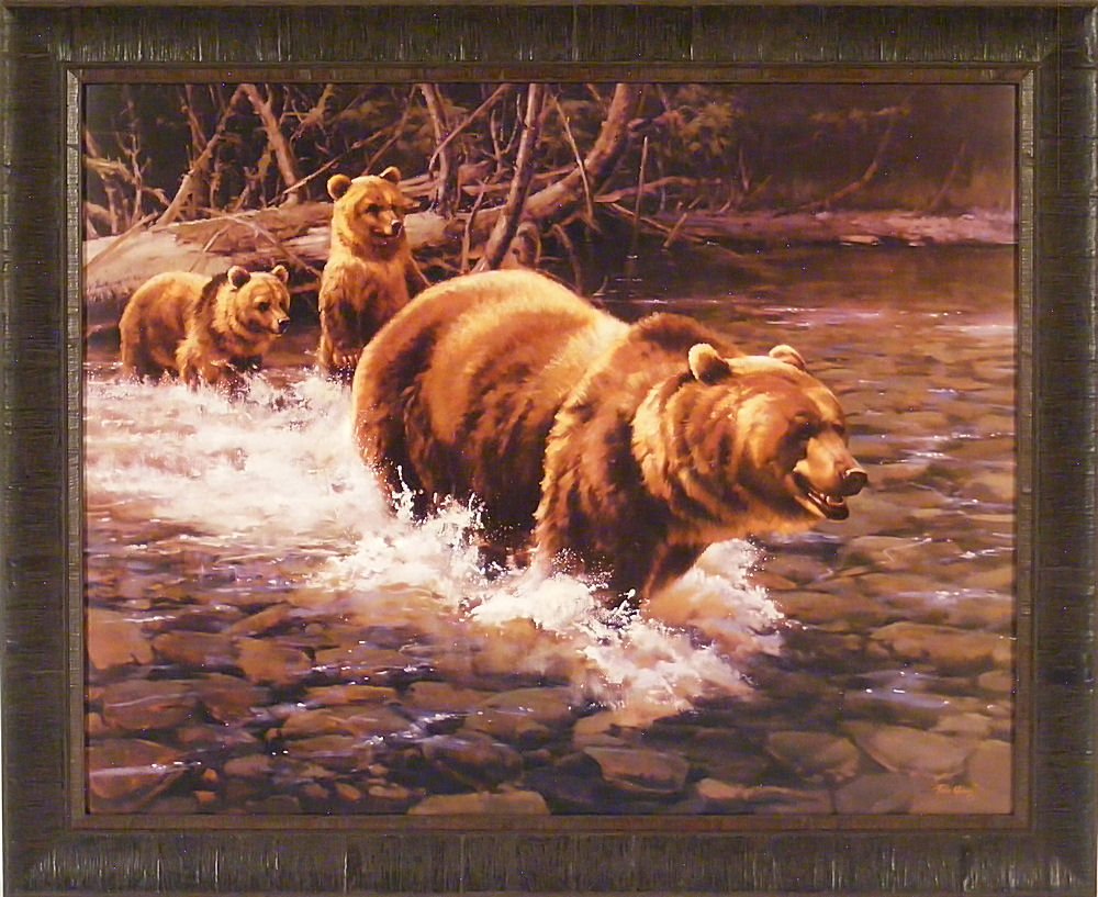 Grizzly Bear with Cubs Art Print - 27x33 Framed Wall Décor by Paco Young | Wildlife Nursery, Living Room & Office Decor