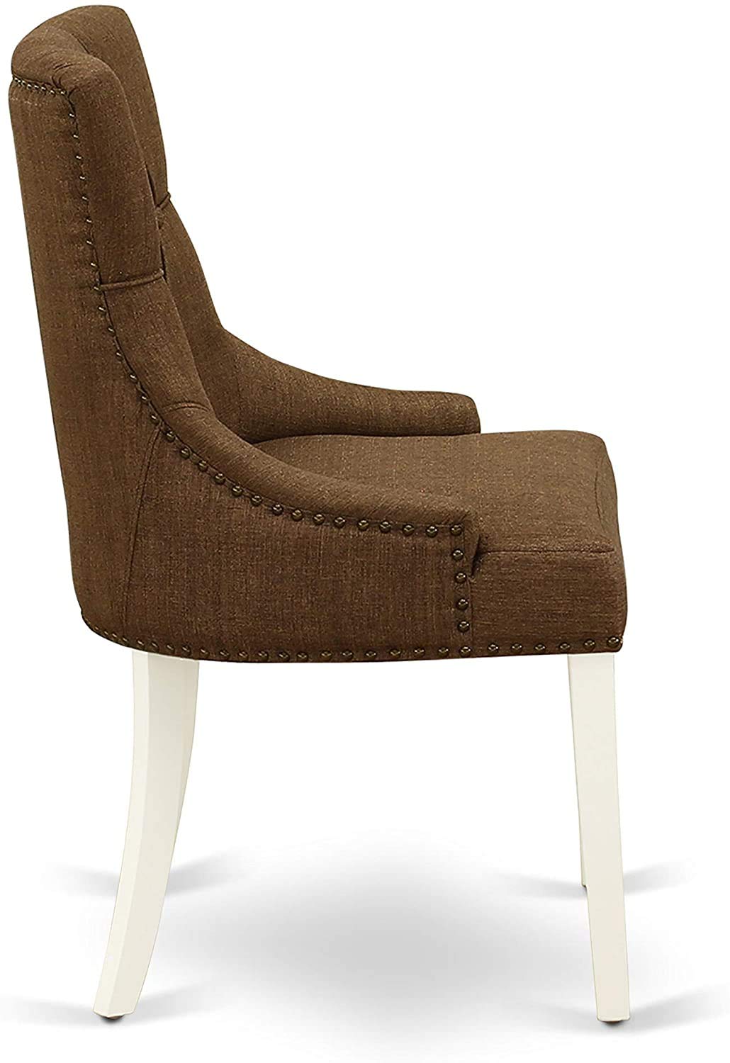 East West Furniture LGFR5-LWH-18 5-Piece Dining Room Set - 42x84 Inch White Linen Rectangle Table with Butterfly Leaf Extension & 4 Brown Fabric Upholstered Chairs | Perfect for Small Kitchens, Breakfast Nooks, and Compact Dining Spaces