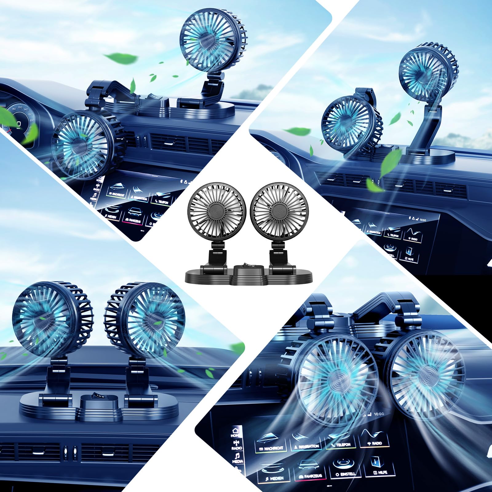 360° Rotating Dual Head USB Car Fan - Portable Cooling Fan for Dashboard with Cold Air Blow, USB Powered for SUV/RV/Truck/Sedan/Cruise/Office - Perfect for Summer Commute & Workspace Cooling