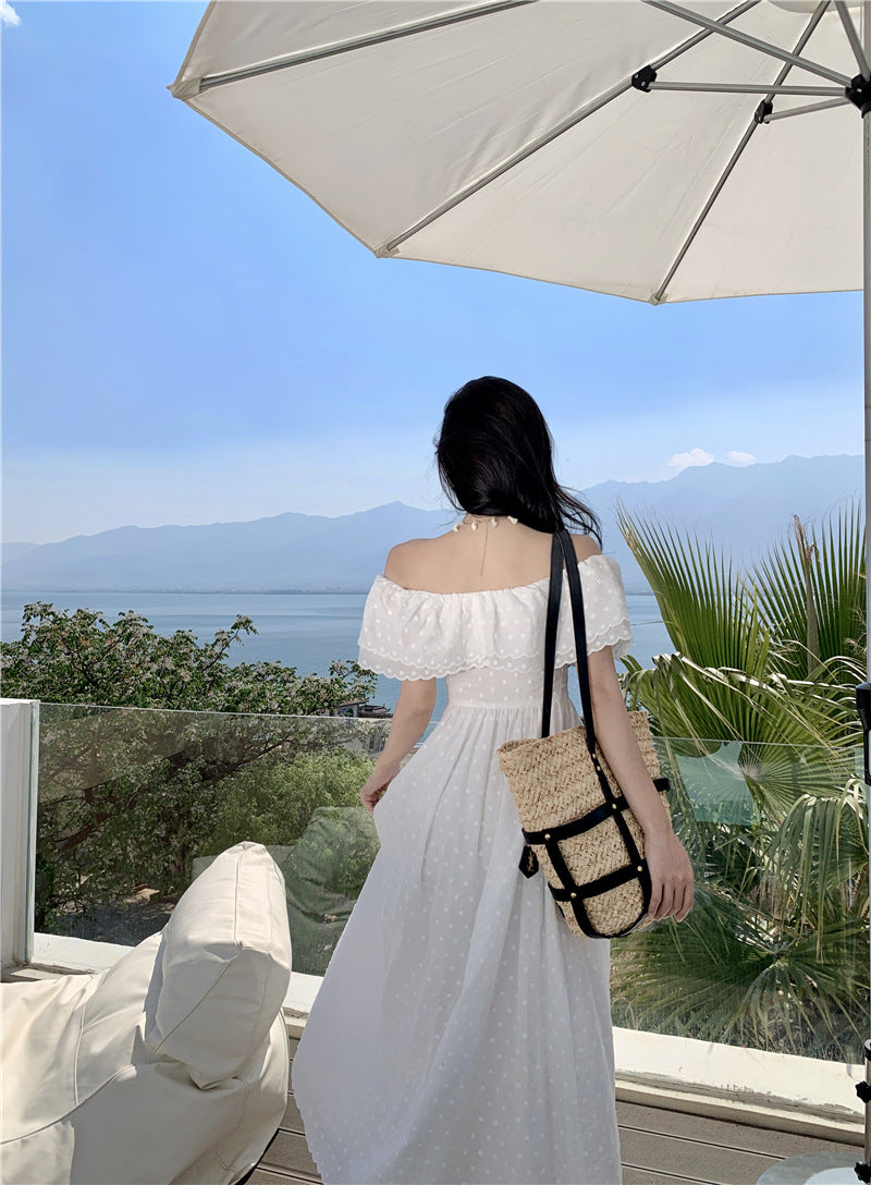 Elegant Off Shoulder Summer Dress with Embroidered Floral Design - Long Boho Maxi Dress for Women - Perfect for Beach Vacations, Weddings, and Date Nights