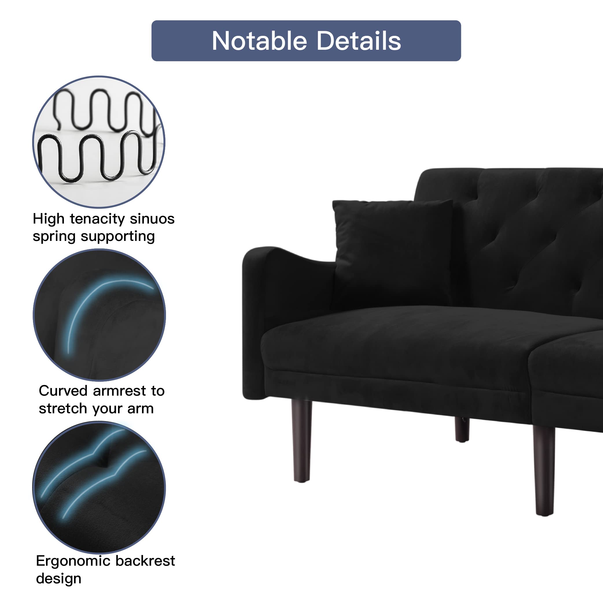 Modern Sleeper Upholstery Sofa Bed with Sturdy Wooden Frame & 2 Velvet Pillows - Convertible Futon for Small Spaces, Studio Apartments, Dorms & Living Room - Perfect for Overnight Guests & Space-Saving Solutions (Black)