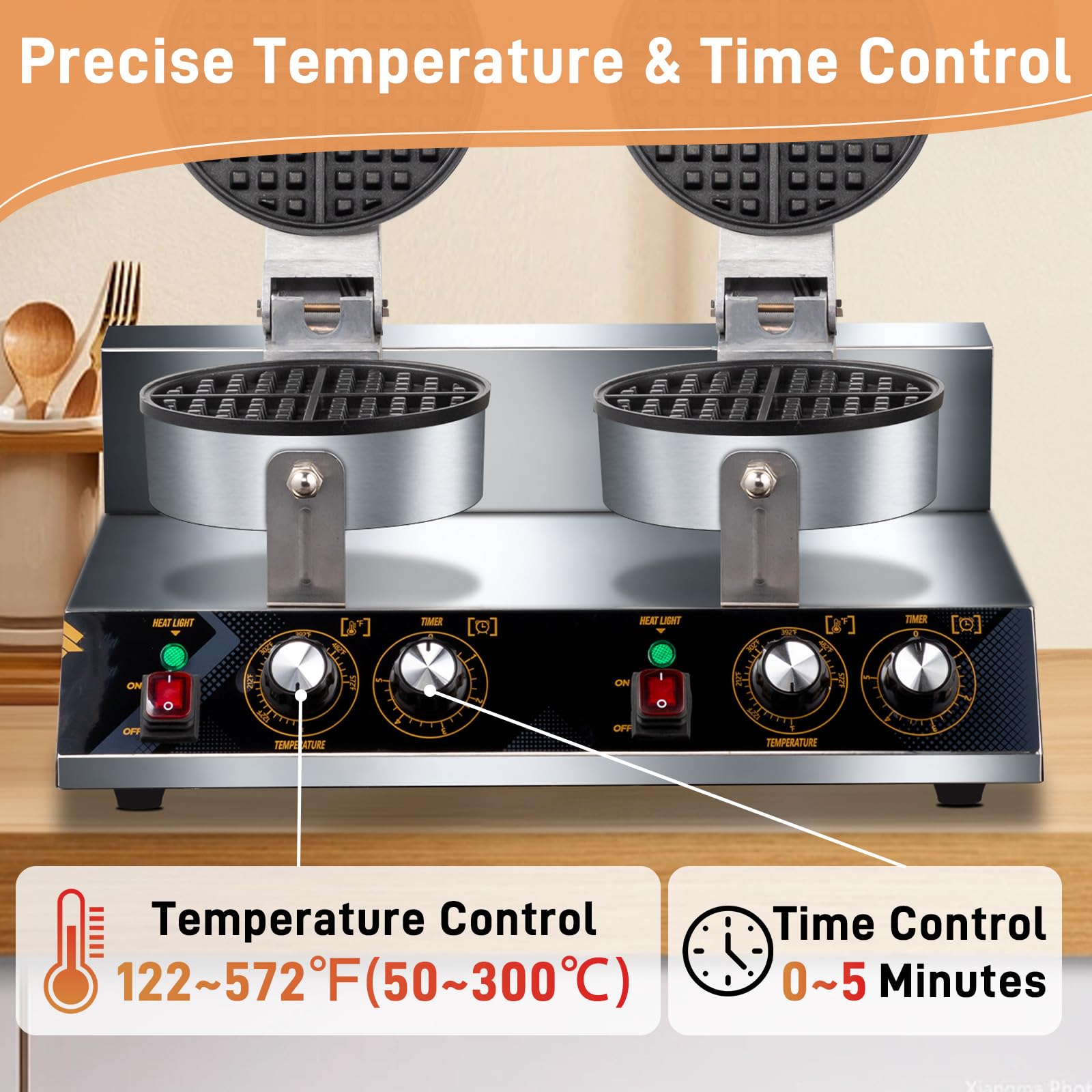 ROVSUN Commercial Double Head Waffle Maker Machine - 2400W Stainless Steel Professional Waffle Iron with Non-Stick Plates (110V/240V) for Bakery, Restaurant, Snack Bar or Home Use - Perfect for Breakfast, Brunch and Dessert Making