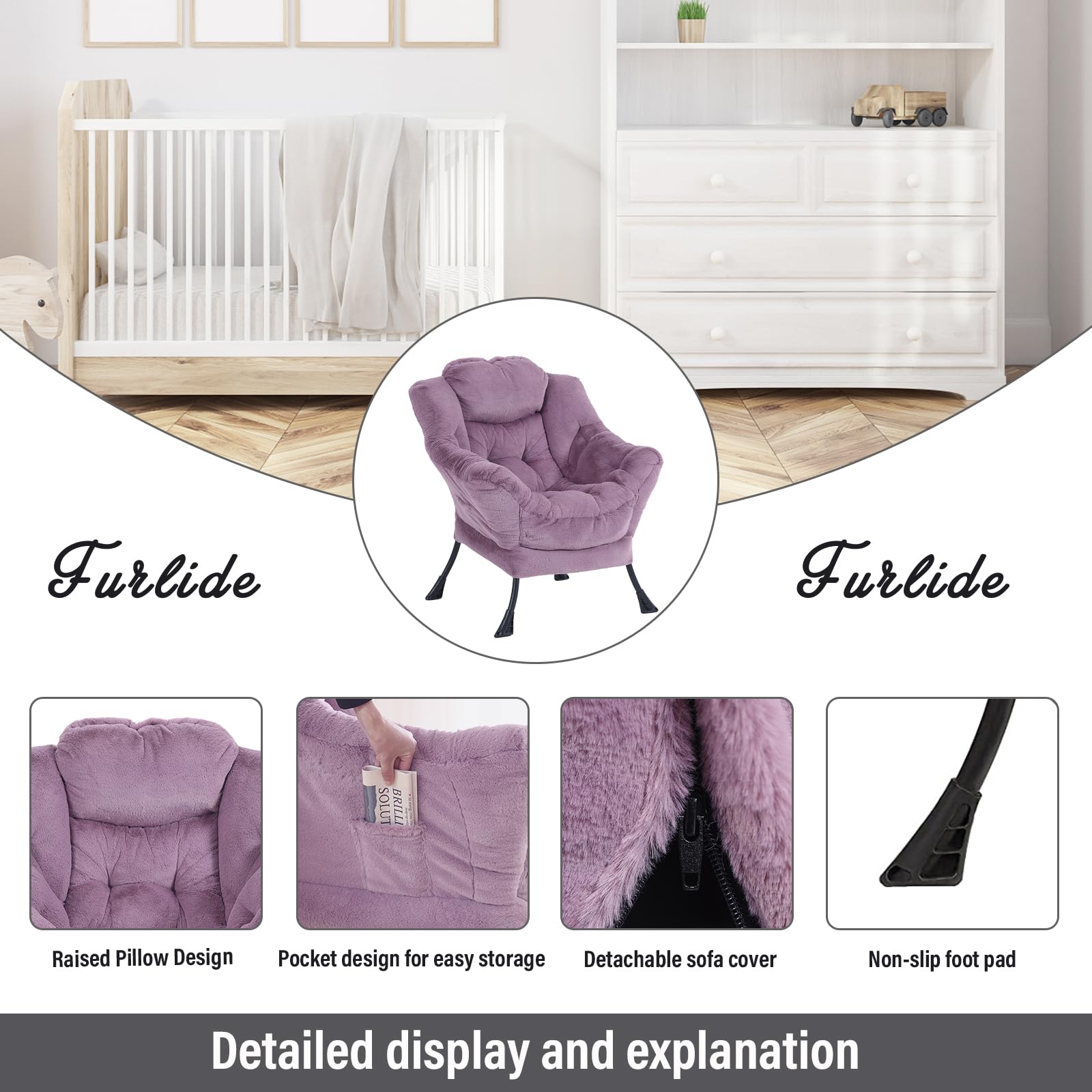 Oversized Lounge Chair with Ottoman - Modern Accent Chair with Folding Footrest, Plush Purple Reading Chair for Bedroom, Study & Living Room - Perfect for Relaxing, Reading & Small Space Decor