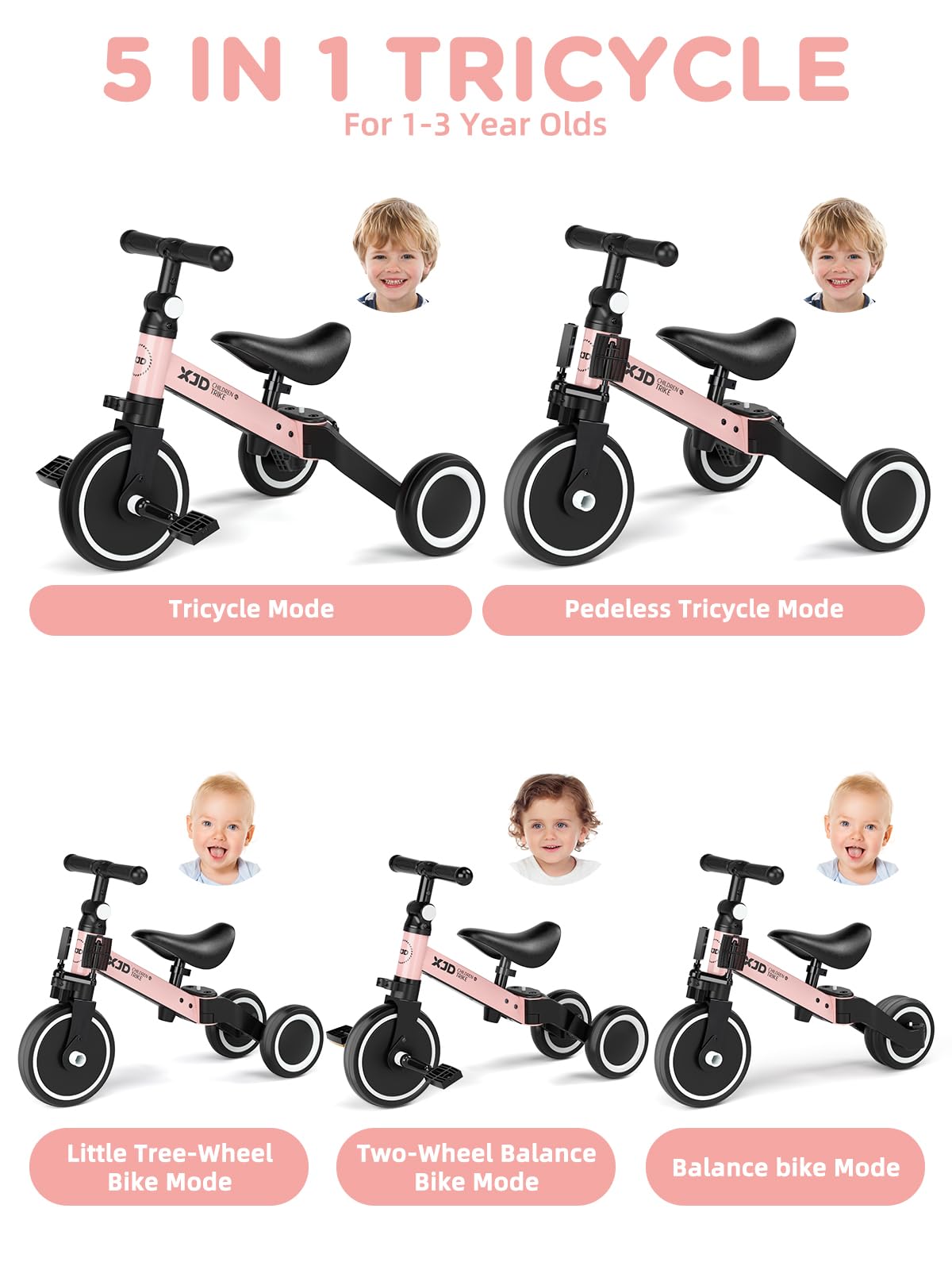 **XJD 5-in-1 Adjustable Kids Tricycle for Toddlers 12 Months to 4 Years – Convertible Baby Bike with Removable Pedals & Seat – Perfect for Indoor Play, Outdoor Rides & Learning Balance**