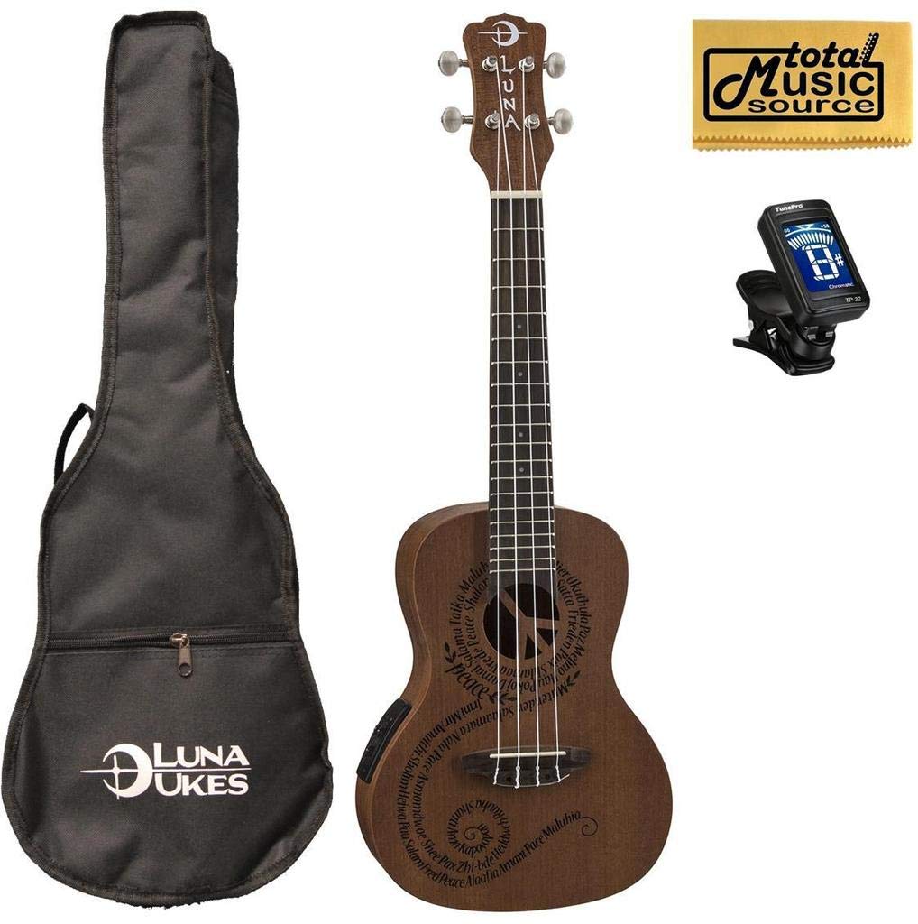 Luna Mahogany Series Maluhia Peace Acoustic-Electric Concert Ukulele with Gig Bag, Tuner & Picks – Perfect for Beginners, Travel, Live Performances & Home Practice