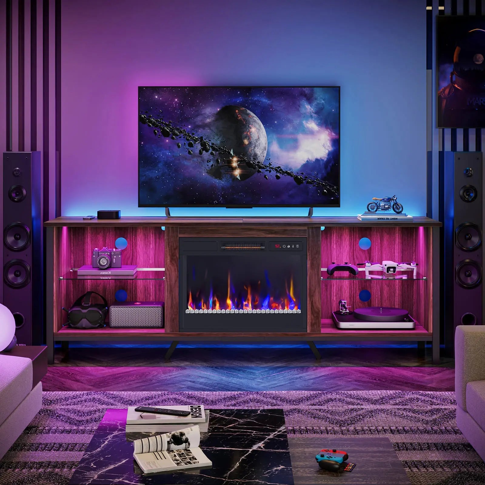 Bestier Modern LED Fireplace TV Stand with Electric Heater - 60 Inch Entertainment Center for Living Room, Bedroom & Home Theater