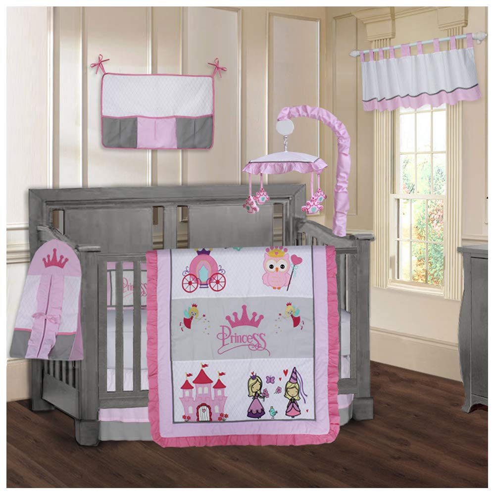 BabyFad Princess 9-Piece Crib Bedding Set for Girls - Soft Nursery Bedding with Fitted Sheet, Bumper, Skirt & More - Perfect for Newborn Baby Shower Gifts & Nursery Decor