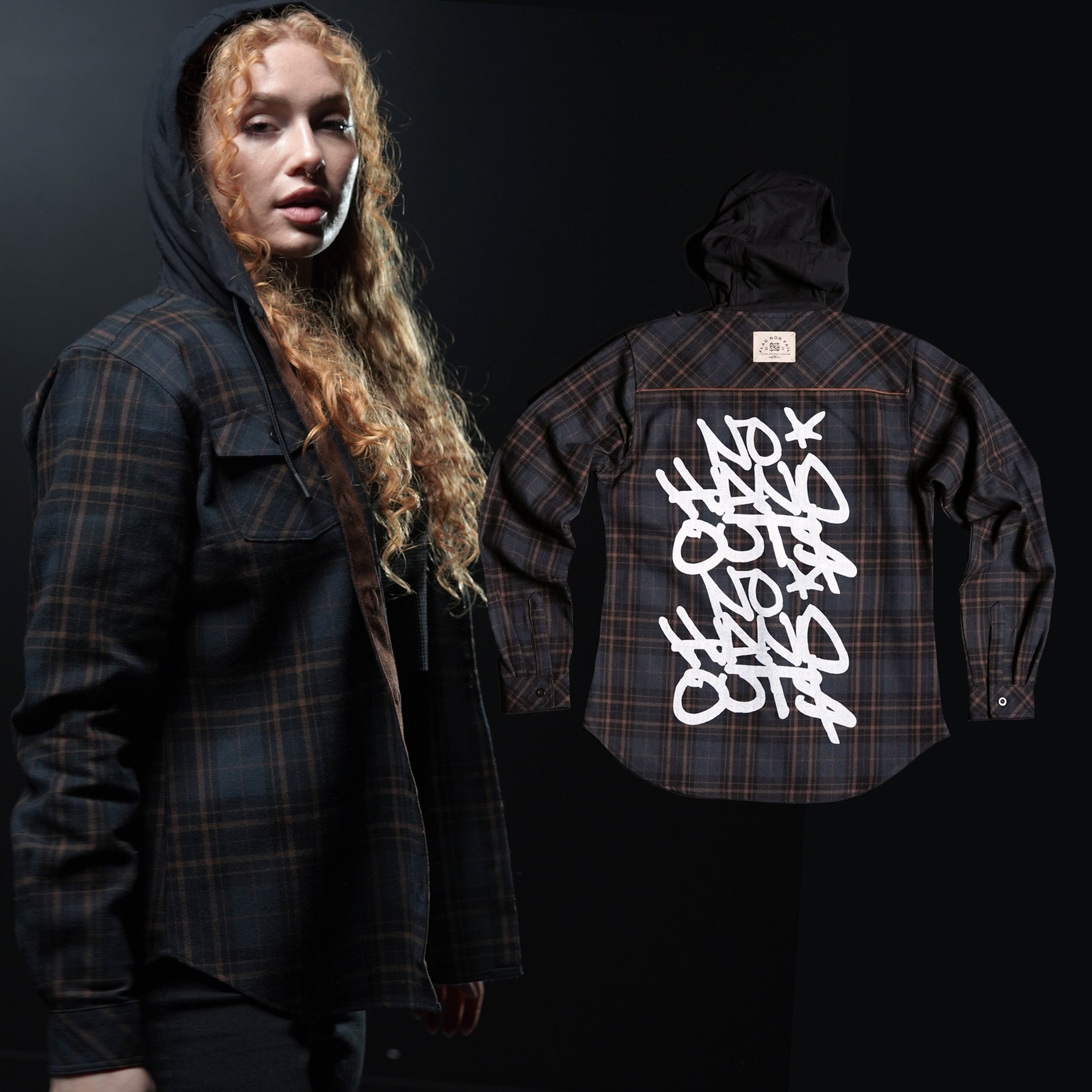 Women's Hooded No Handouts X Forever Flannel Shirt - Navy Blue Plaid Long Sleeve Cozy Shirt for Fall & Winter | Casual Outfit, Layering, Outdoor Activities