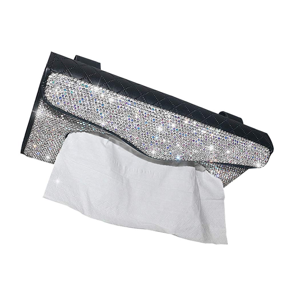 Sparkling Rhinestone PU Leather Car Sun Visor Tissue Box Holder - Bling Crystal Napkin Organizer for Women & Girls (White) | Elegant Car Accessory for Road Trips, Commuting & Daily Use