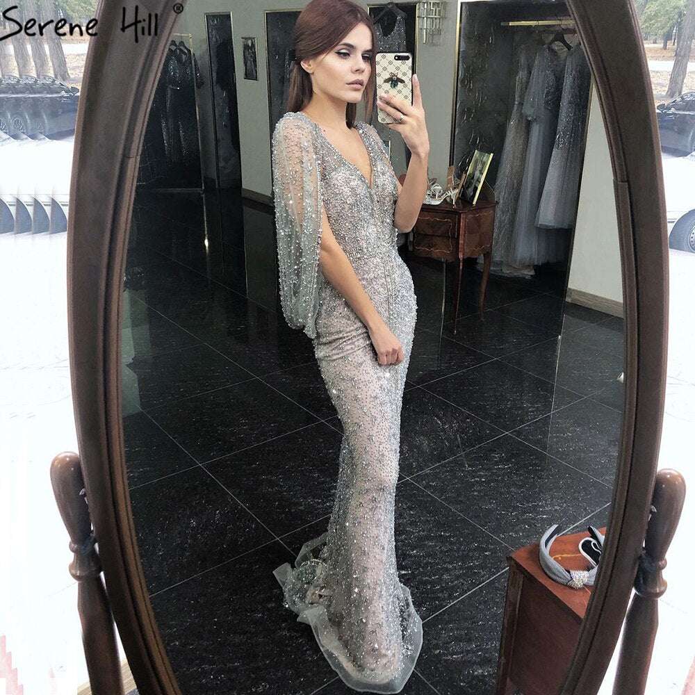 Elegant Grey Mermaid Evening Dress with Sparkle Beading & Crystal Details - Women's Luxury Party Gown for Prom, Wedding, or Formal Events - LA70847