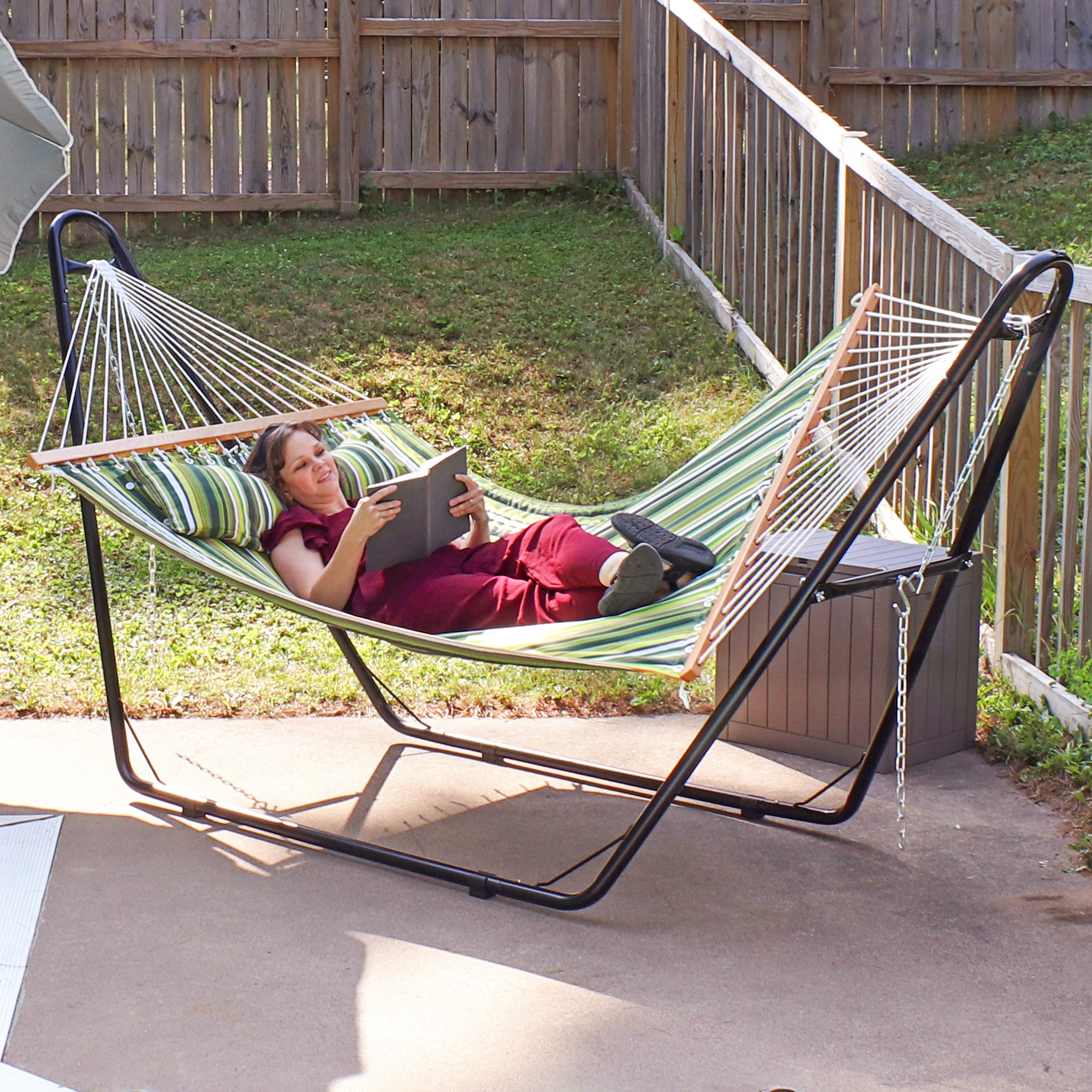 Sunnydaze 2 Person Quilted Fabric Double Hammock with Pillow - Portable Outdoor Hammock for Backyard, Camping & Beach Relaxation