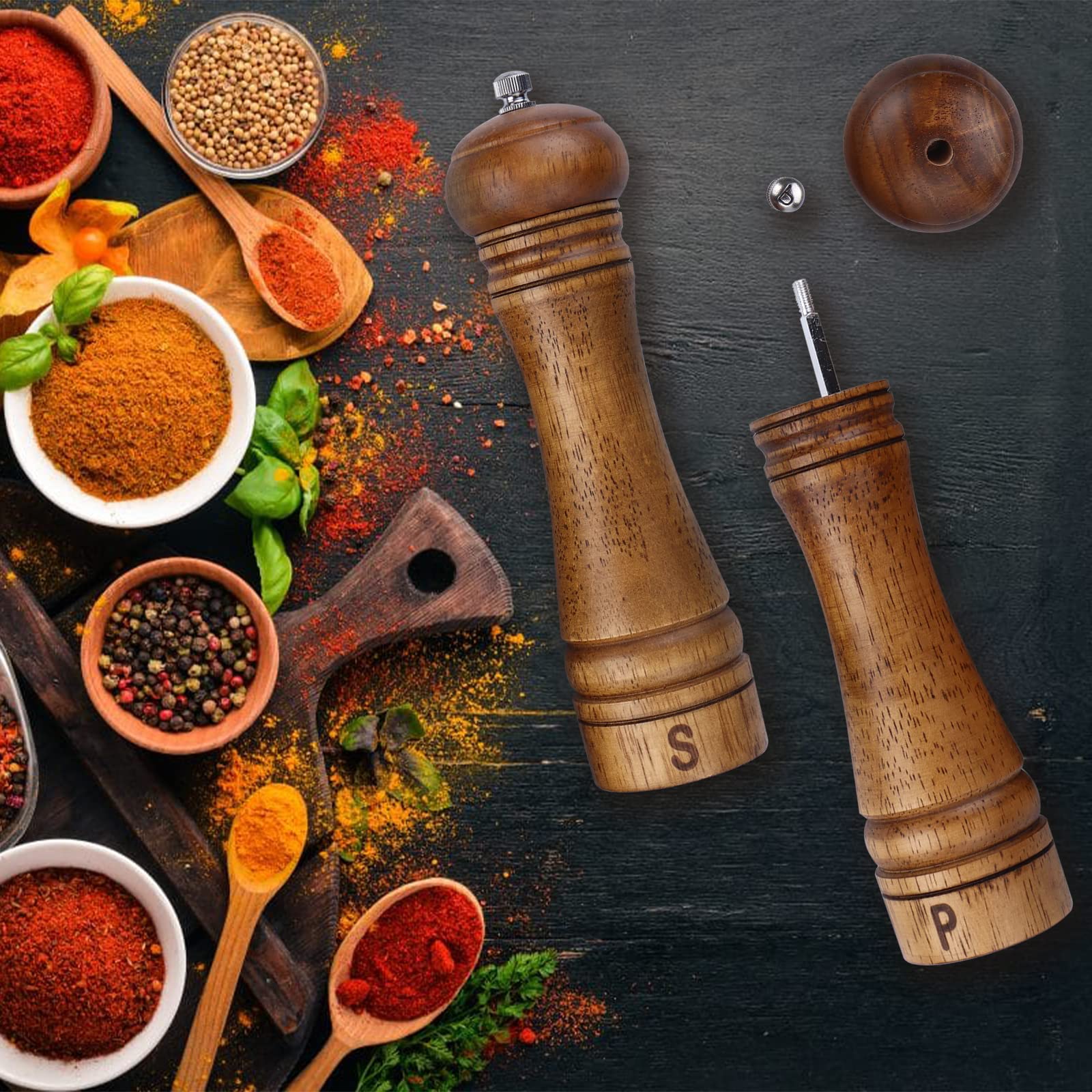 Premium Gulex® 8 Inch Wood Pepper Grinder & Salt Mill Set (2 Pack) - Adjustable Coarseness, Ceramic Grinding Core, Refillable - Perfect for Kitchen, Dining Table & Gourmet Cooking