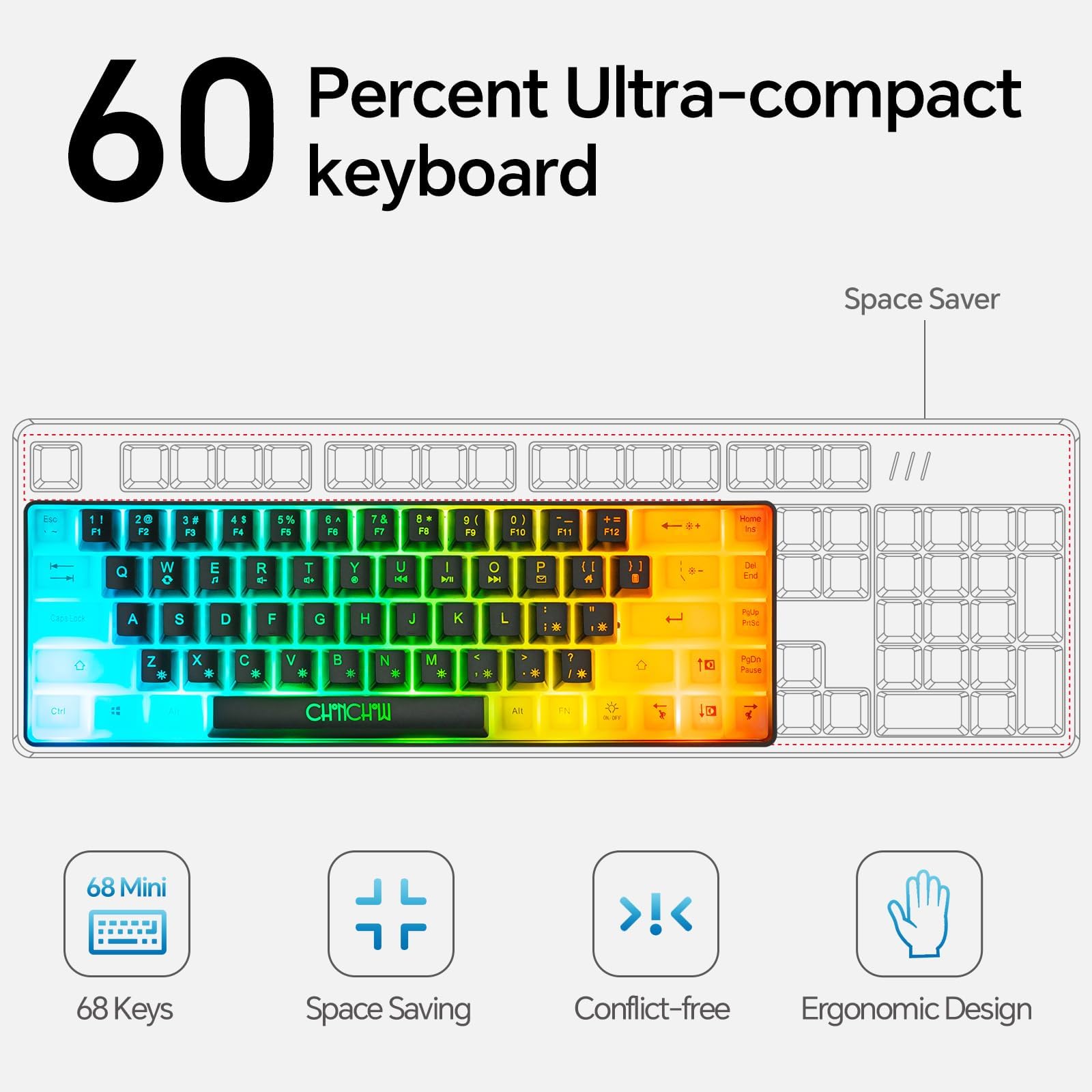 CHONCHOW Mini RGB 60% Mechanical Gaming Keyboard - 68 Key Compact USB Wired Backlit Keyboard with Rainbow Lighting for PC, Laptop, Xbox, PS4, PS5 - Perfect for Gaming, Office Work & Small Desks (Black-White)