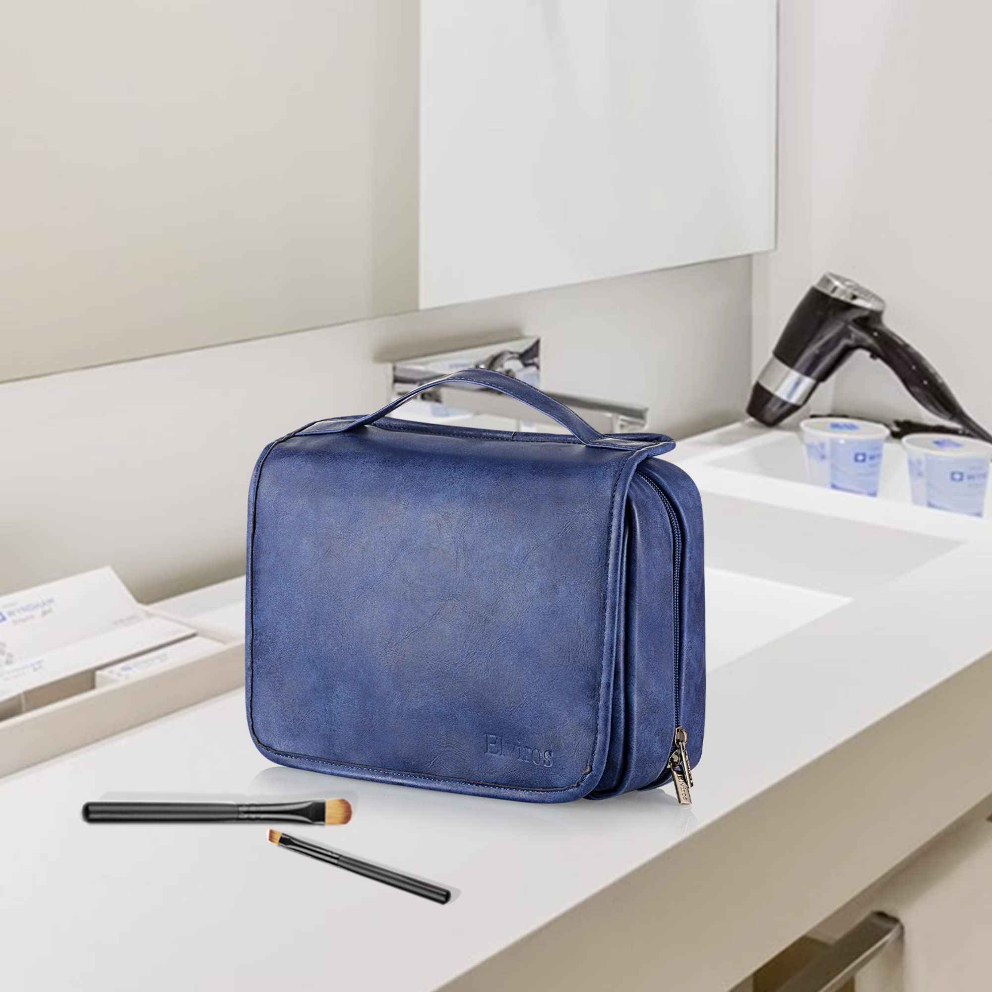 Elviros Hanging Travel Toiletry Bag for Men & Women - 3-in-1 Large Waterproof Makeup Organizer with PU Leather - Perfect for Bathroom, Camping & Air Travel Accessories Storage