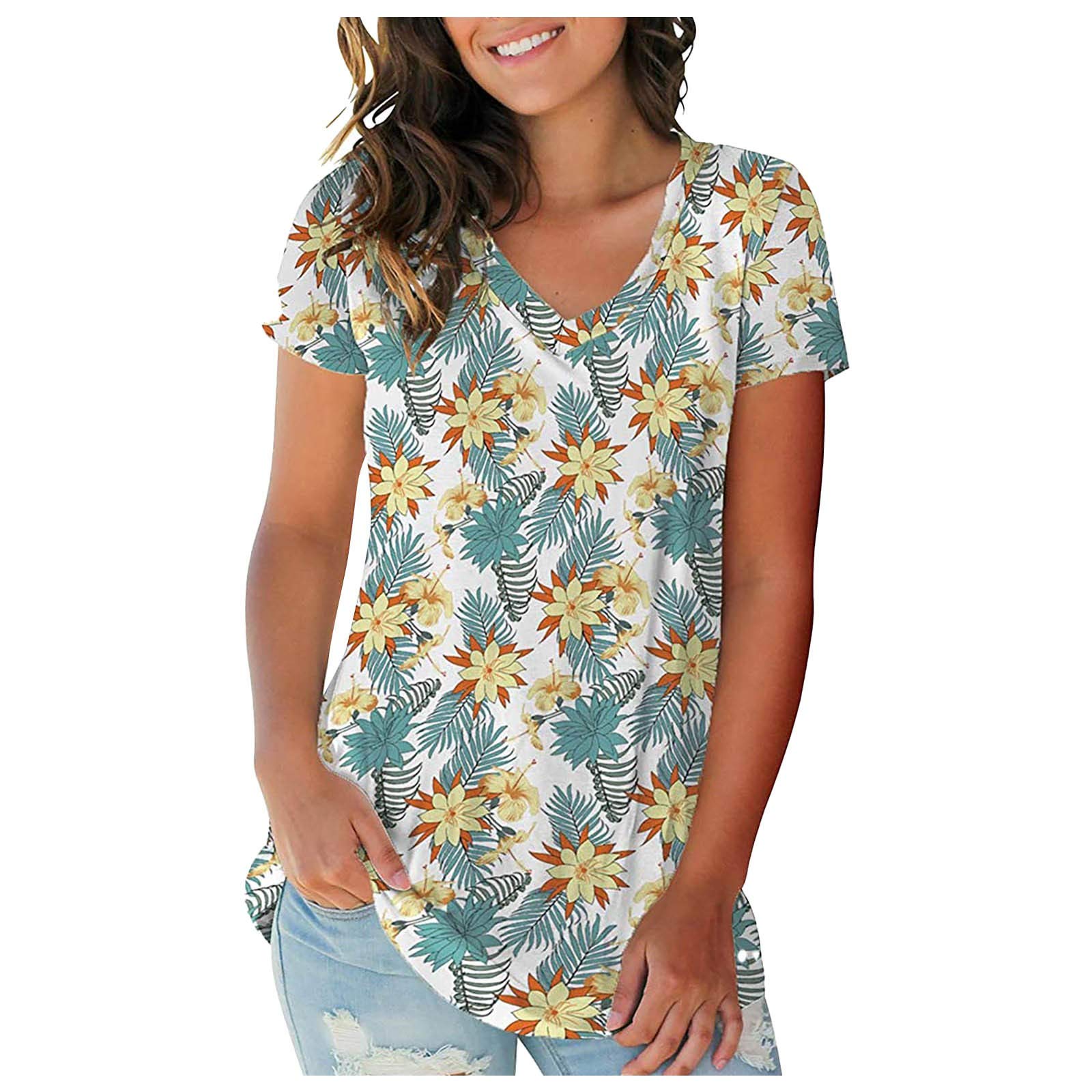 Women's Floral V-Neck Short Sleeve Blouse - Business Casual Summer Tops for Office Wear & Outdoor Activities