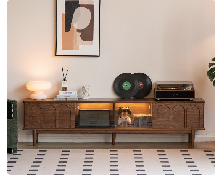 Solid Black Walnut Wood Retro TV Stand with Large Storage | Vintage Entertainment Center for Living Room & Home Theater
