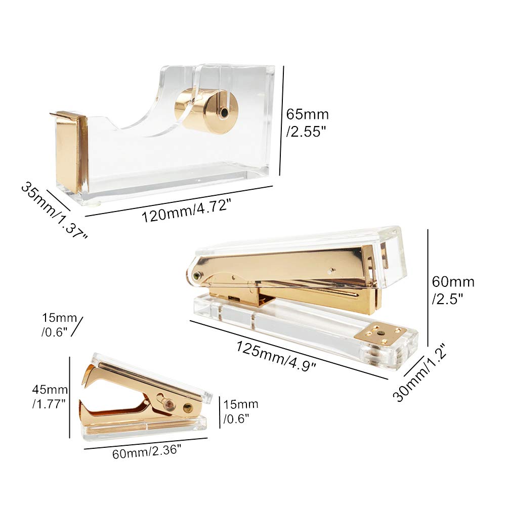 Clear Acrylic Gold Stapler Set with Staples Remover & Tape Dispenser - Premium Office Desk Accessories for Executive Workspace, Home Office & School Supplies (Desktop Organizer, Stationery Gift Kit)