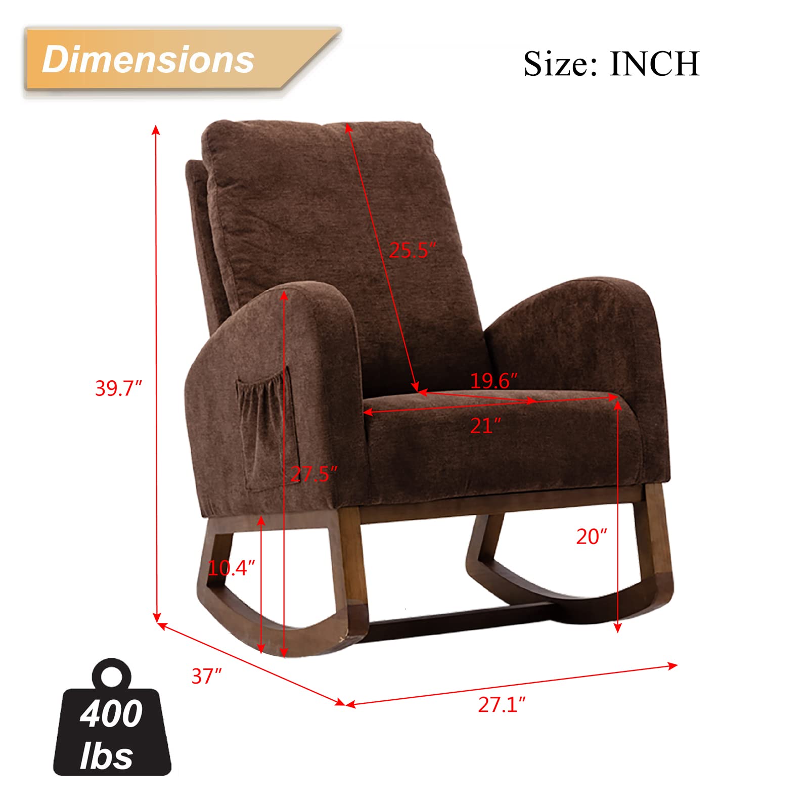 SSLine Upholstered Rocking Chair - Modern Fabric Rocking Armchair for Nursery, Living Room, Bedroom & Office | Comfortable Lounge Chair for Relaxing, Reading & Nursing (Coffee Brown)