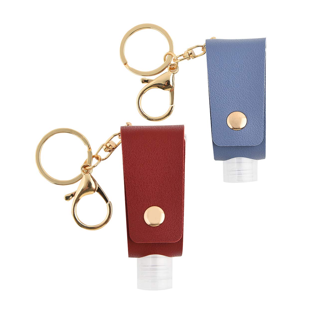 2-Pack 30ML Refillable Travel Bottles Keychain Holder - Portable Hand Sanitizer Container with Leather Carrier (Red & Blue) | Perfect for Travel, Gym, Office & Daily Essentials