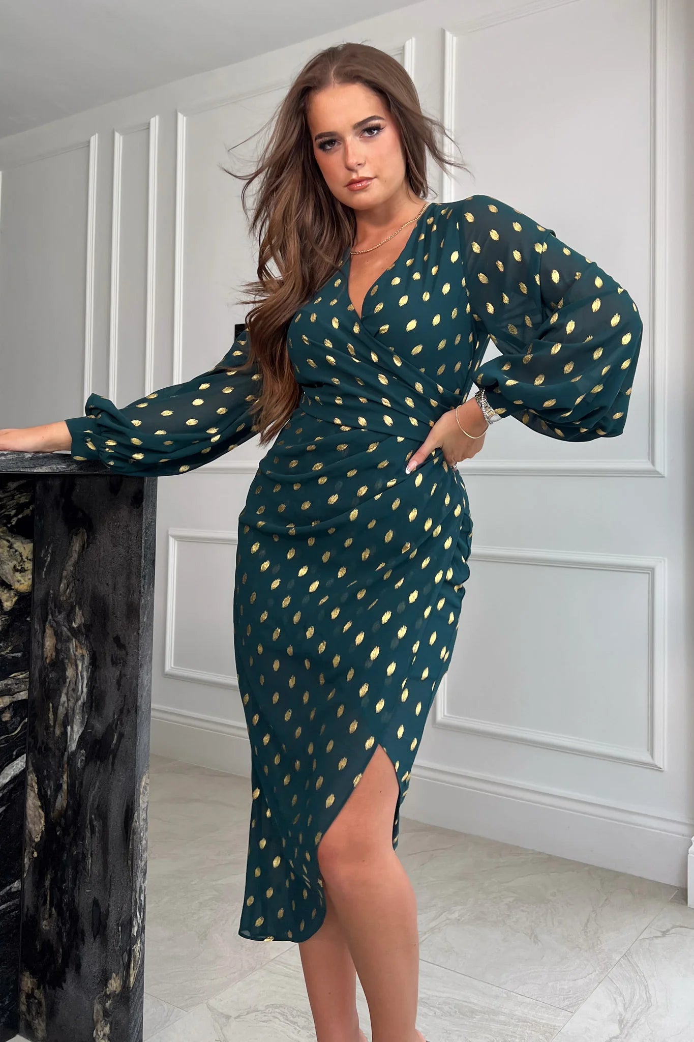 Elsa Foil Wrap Asymmetric Dress for Women - Elegant Green Bodycon Midi Dress for Party, Date Night & Special Occasions