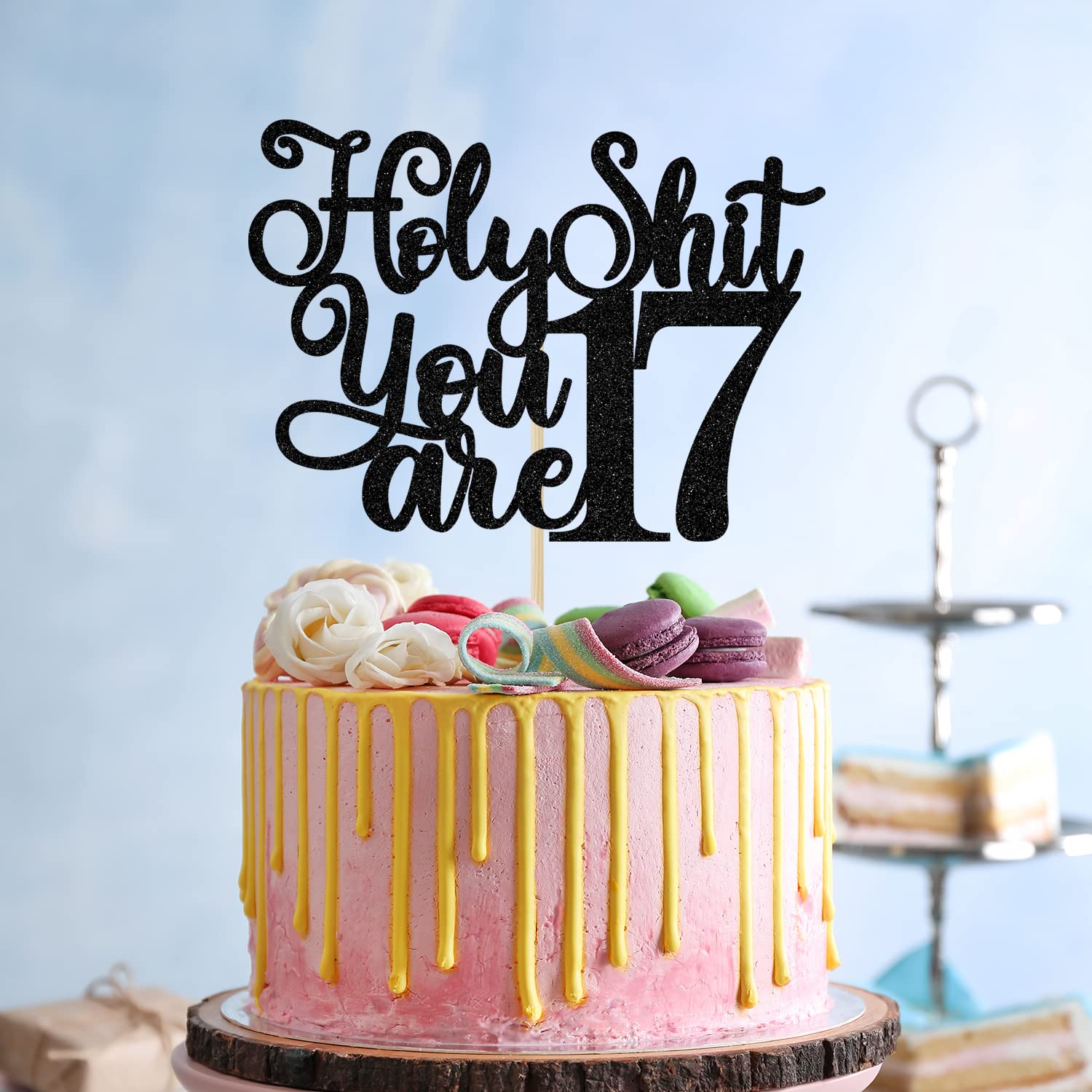17th Birthday Cake Topper - Black Glitter 'Young & Sweet Only 17' Cake Decor for Level 17 Celebrations | Funny 17th Birthday Party Supplies for Teens & Milestone Birthdays