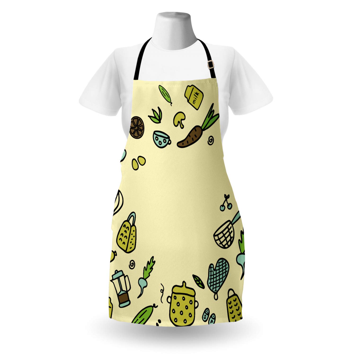 Ambesonne Personalized Chef Apron - Kitchen Appliances Doodle Design, Adjustable Neck Bib for Cooking & Baking, Unisex Adult Size in Avocado Green - Perfect for Home Chefs, BBQ Parties & Culinary Gifts