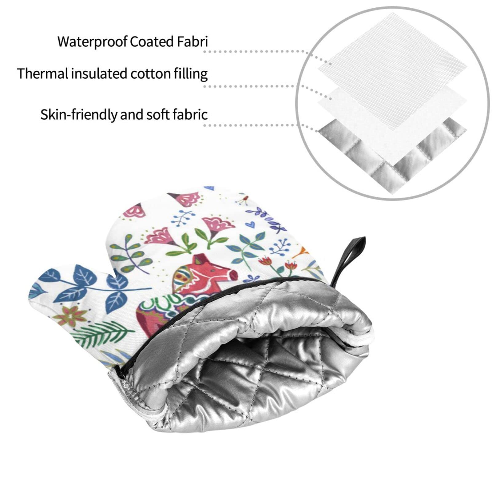 Floral Swedish Dala Horse Oven Mitts & Pot Holders Set - Heat Resistant Kitchen Gloves for Cooking, Baking, Grilling & BBQ - Perfect for Swedish-Themed Kitchens & Home Decor