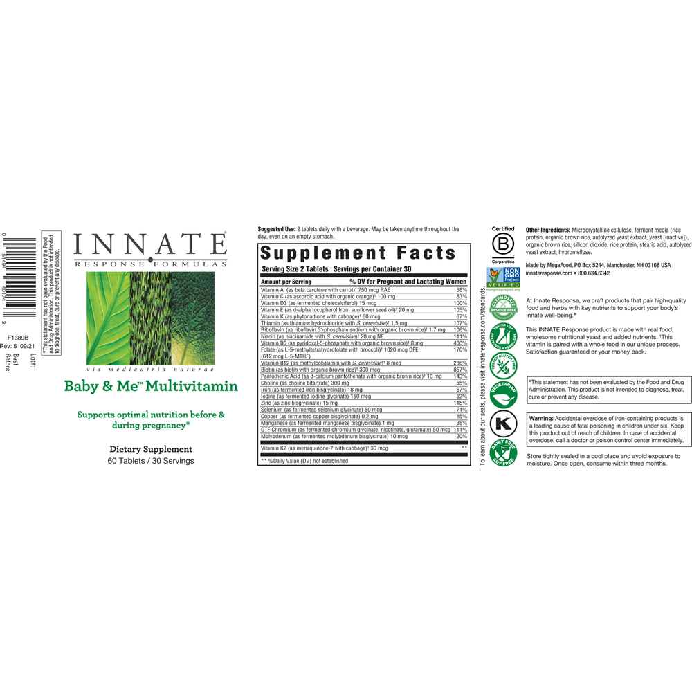 Innate Response Baby & Me Prenatal Multivitamin for Women - Prenatal & Postnatal Vitamins with Folate & Iron - Supports Pregnancy, Breastfeeding & Maternal Health
