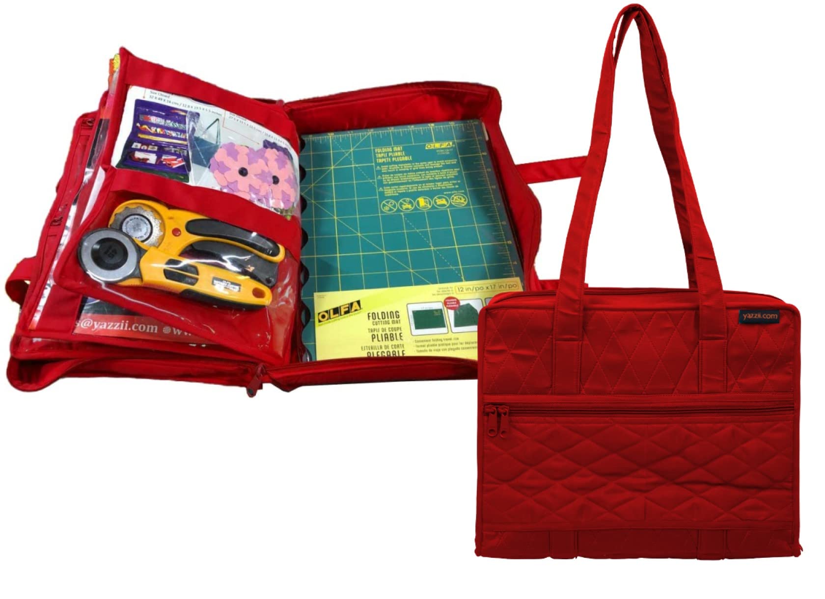 Yazzii Quilter’s Project Bag with 19 Pockets - Large Craft Storage Organizer for Sewing, Knitting & Quilting Supplies - Durable Fabric Carrier with Multiple Compartments - Perfect for Travel, Workshops & Home Organization (Red)