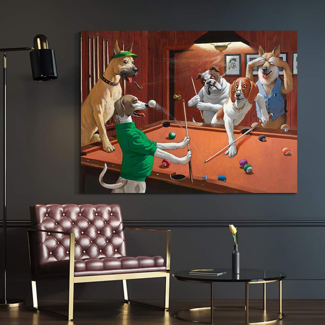 Denozer Dogs Playing Billiards Canvas Wall Art - Premium Giclee Print Gallery Wrapped Modern Home Decor - 40x30 Inches Ready to Hang - Perfect for Living Room, Office & Game Room Decor