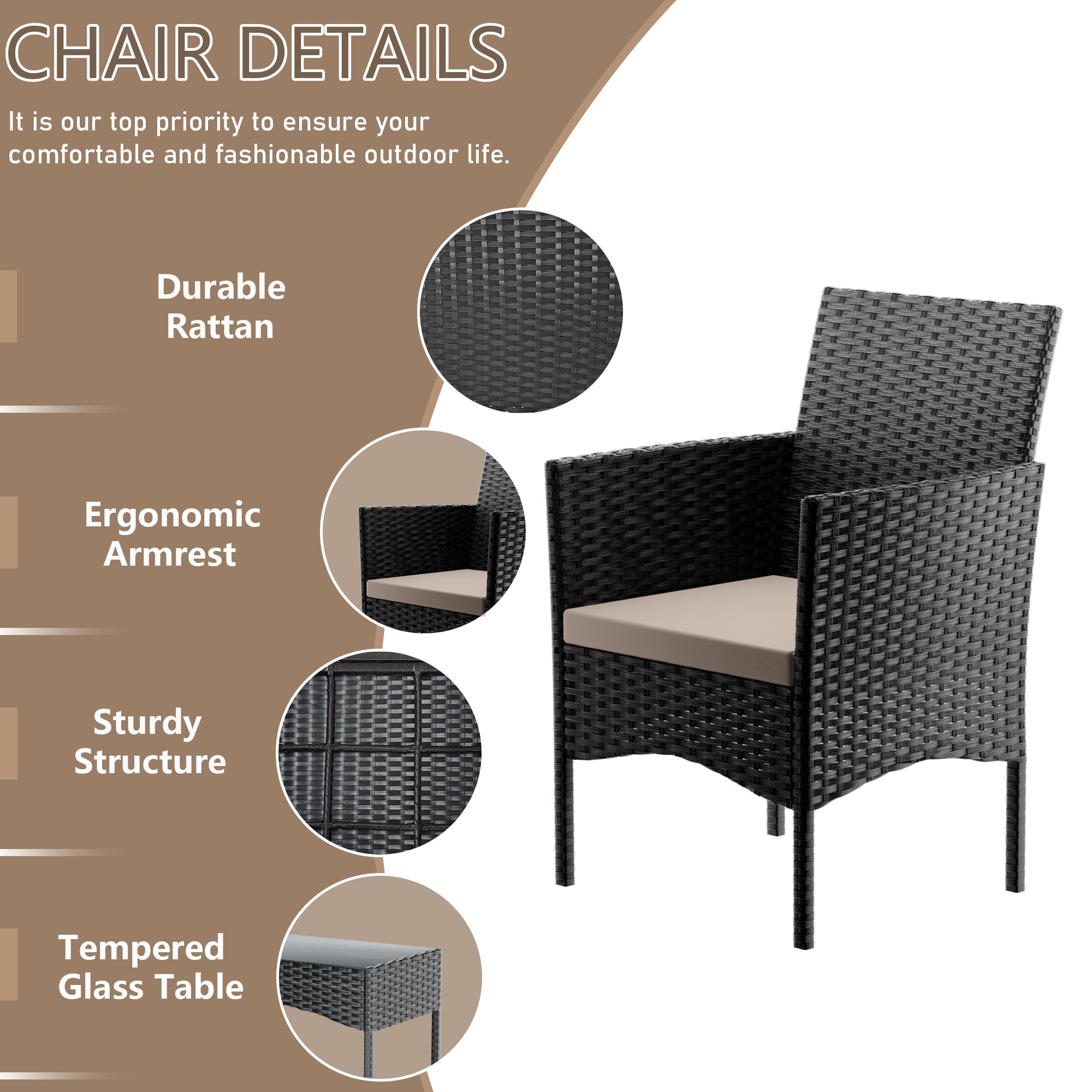 4-Piece Outdoor Patio Furniture Set - Rattan Wicker Conversation Set with Glass Table - Perfect for Porch, Pool, Backyard, Lawn, Garden & Beach Relaxation